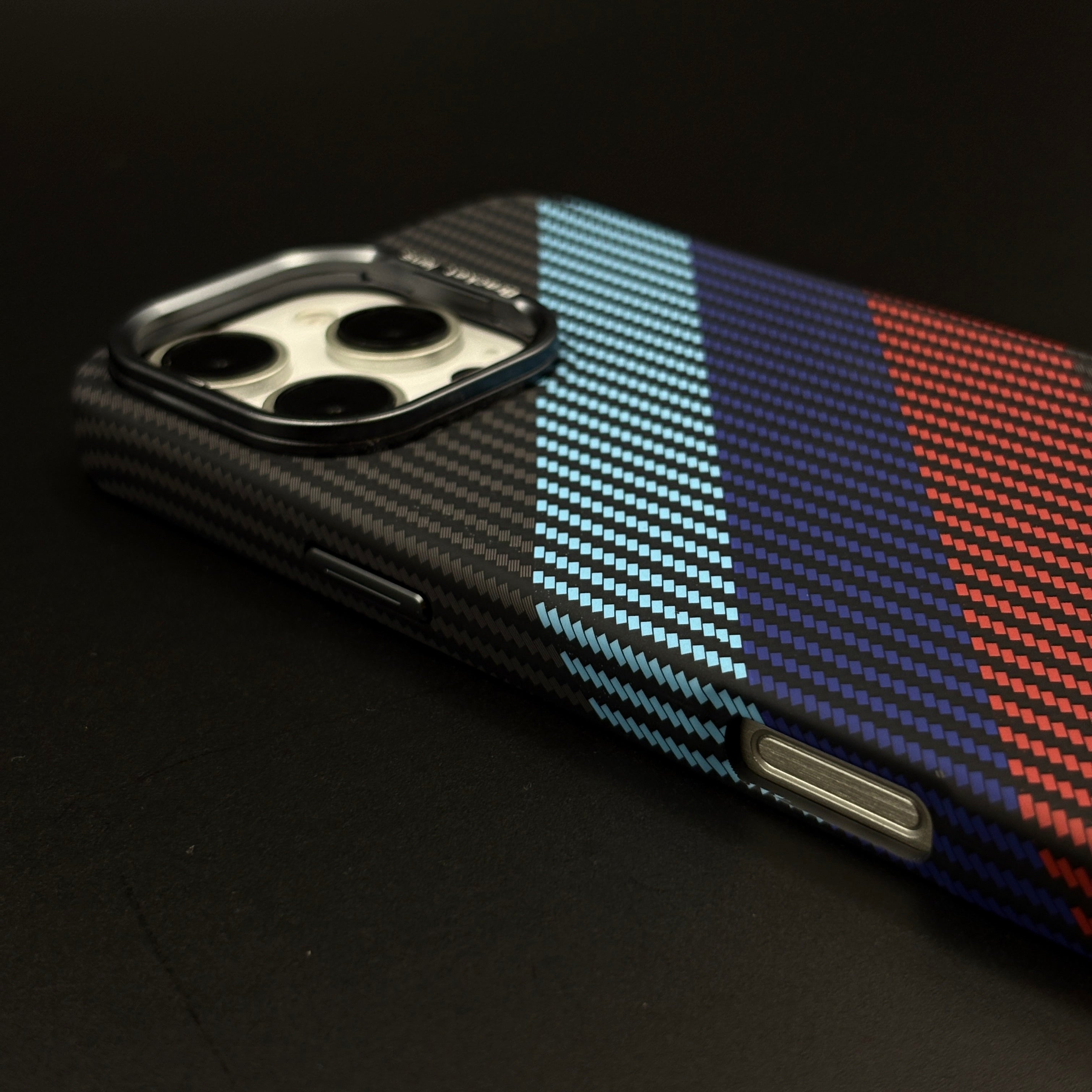 iPhone Aramid Texture Camera Kickstand Phone Case Cover | 3 Stripe Color | Carbon Fibre Feel | Hidden MagSafe