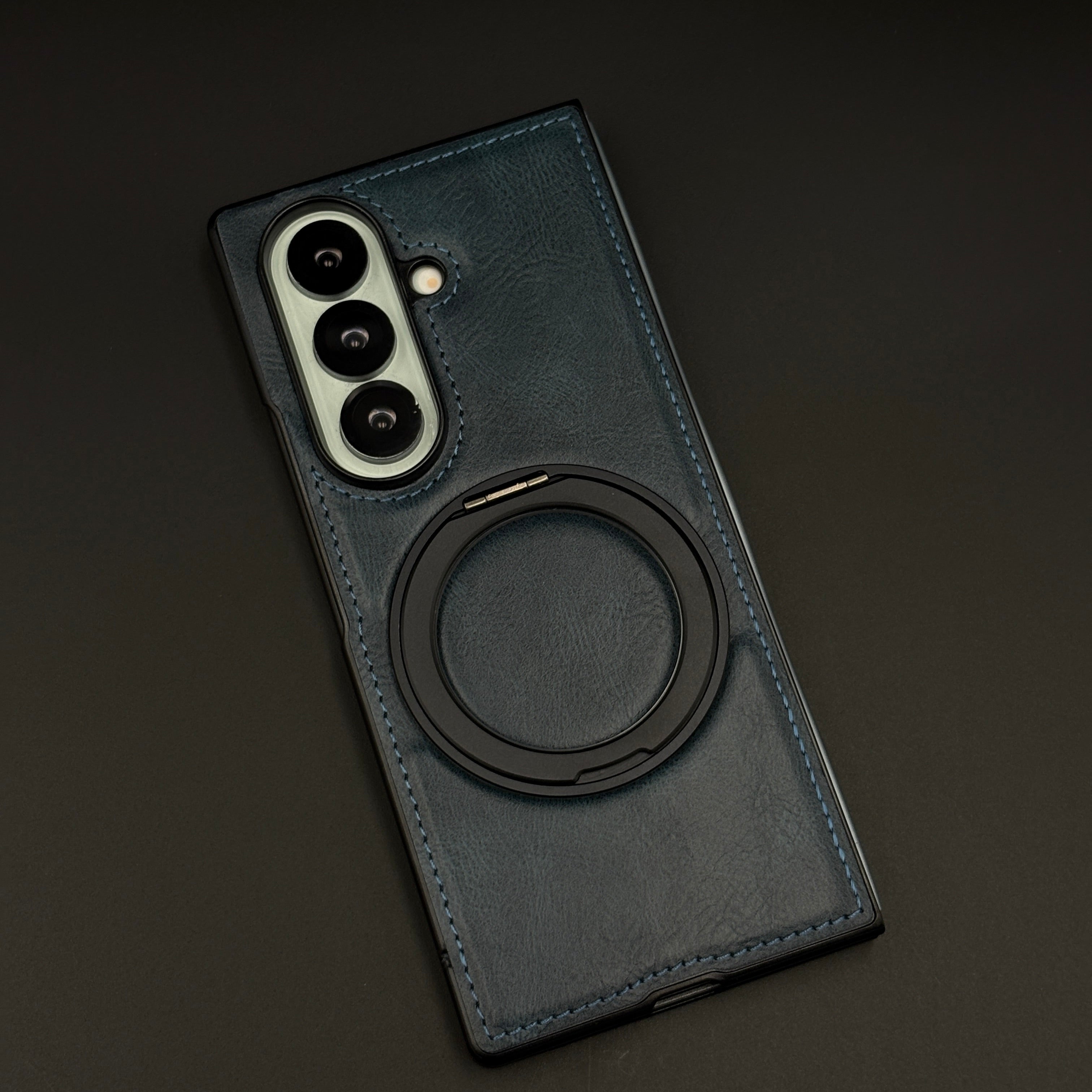 Leather Texture Stitched MagSafe Metal Rotating Stand Mobile Case Cover for Samsung Galaxy Z Fold 5