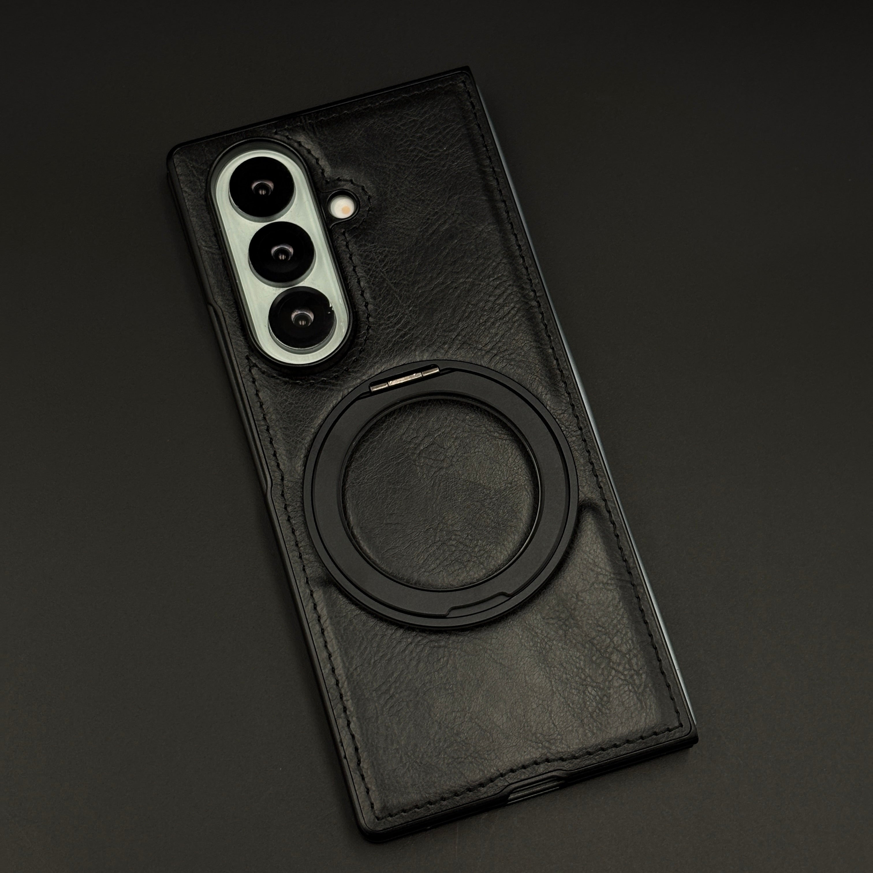 Leather Texture Stitched MagSafe Metal Rotating Stand Mobile Case Cover for Samsung Galaxy Z Fold 5