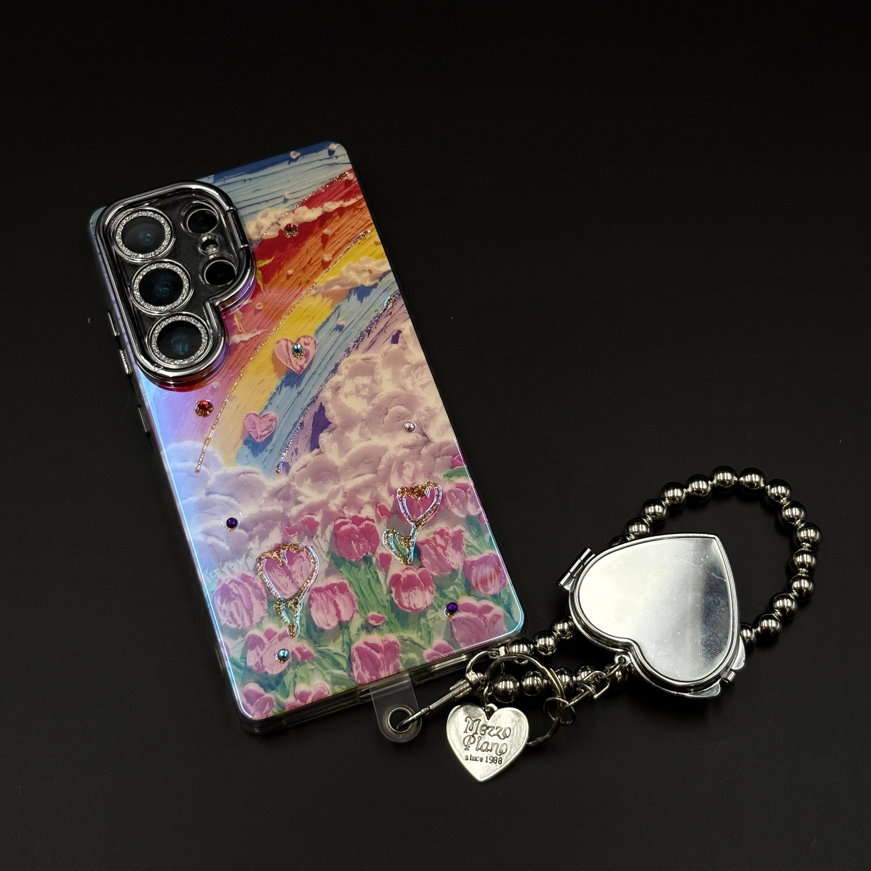 Rainbow Tulip Art Case with Camera Kickstand for Samsung Galaxy S25 Ultra | Heart Bracelet Charm | 3D Painted Floral Cover