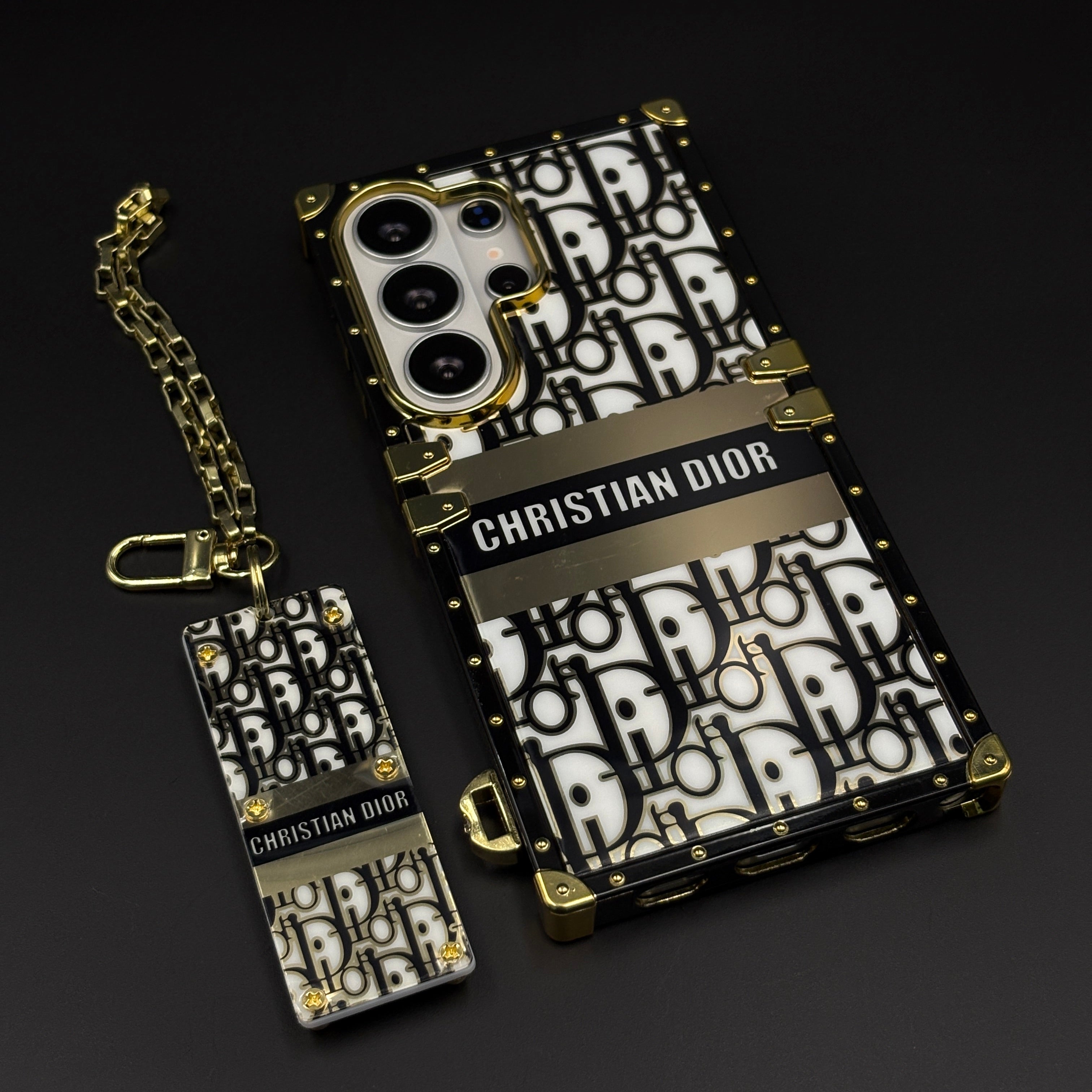CD Brand Inspired Luxury Trunk Square Mobile Case Cover with Golden Chain for Samsung Galaxy S26 Ultra