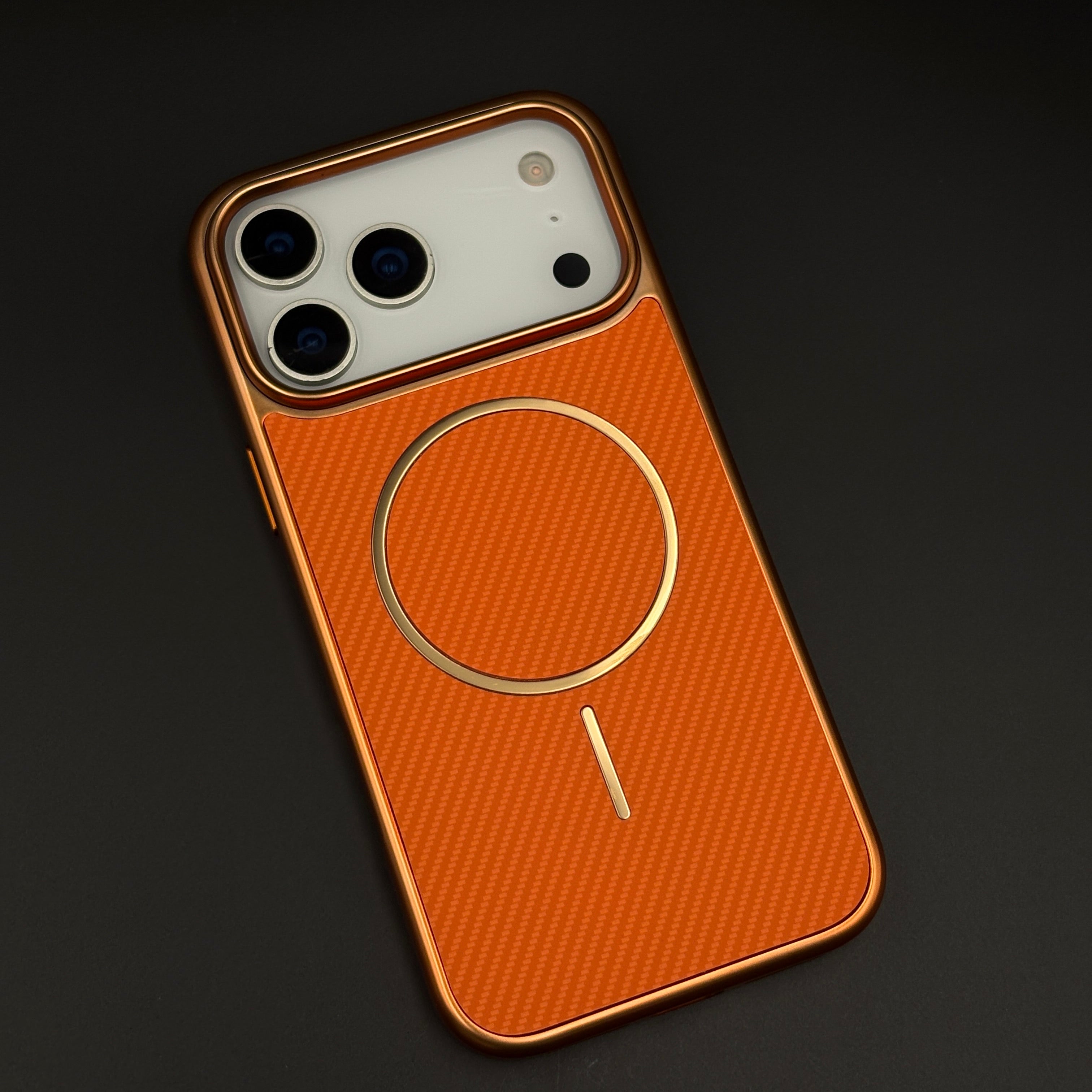 Carbon Fibre Texture Electroplated MagSafe Mobile Case Cover in Sunset Orange for iPhone 17 Series