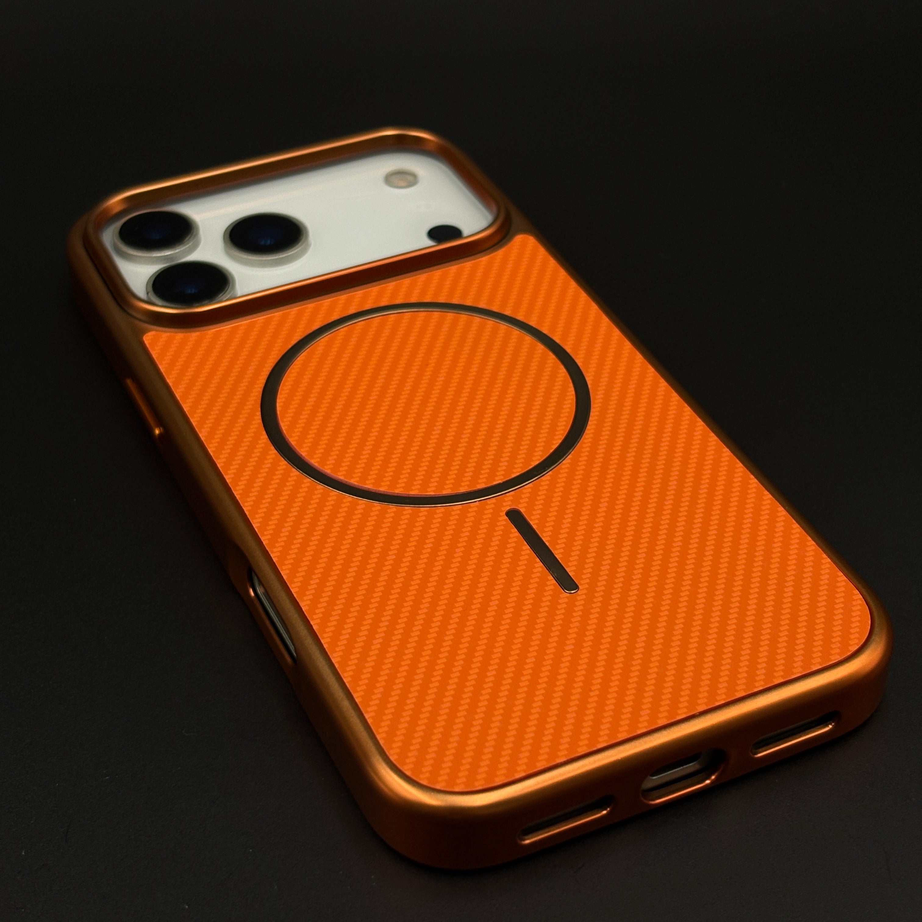 Carbon Fibre Texture Electroplated MagSafe Mobile Case Cover in Sunset Orange for iPhone 17 Series