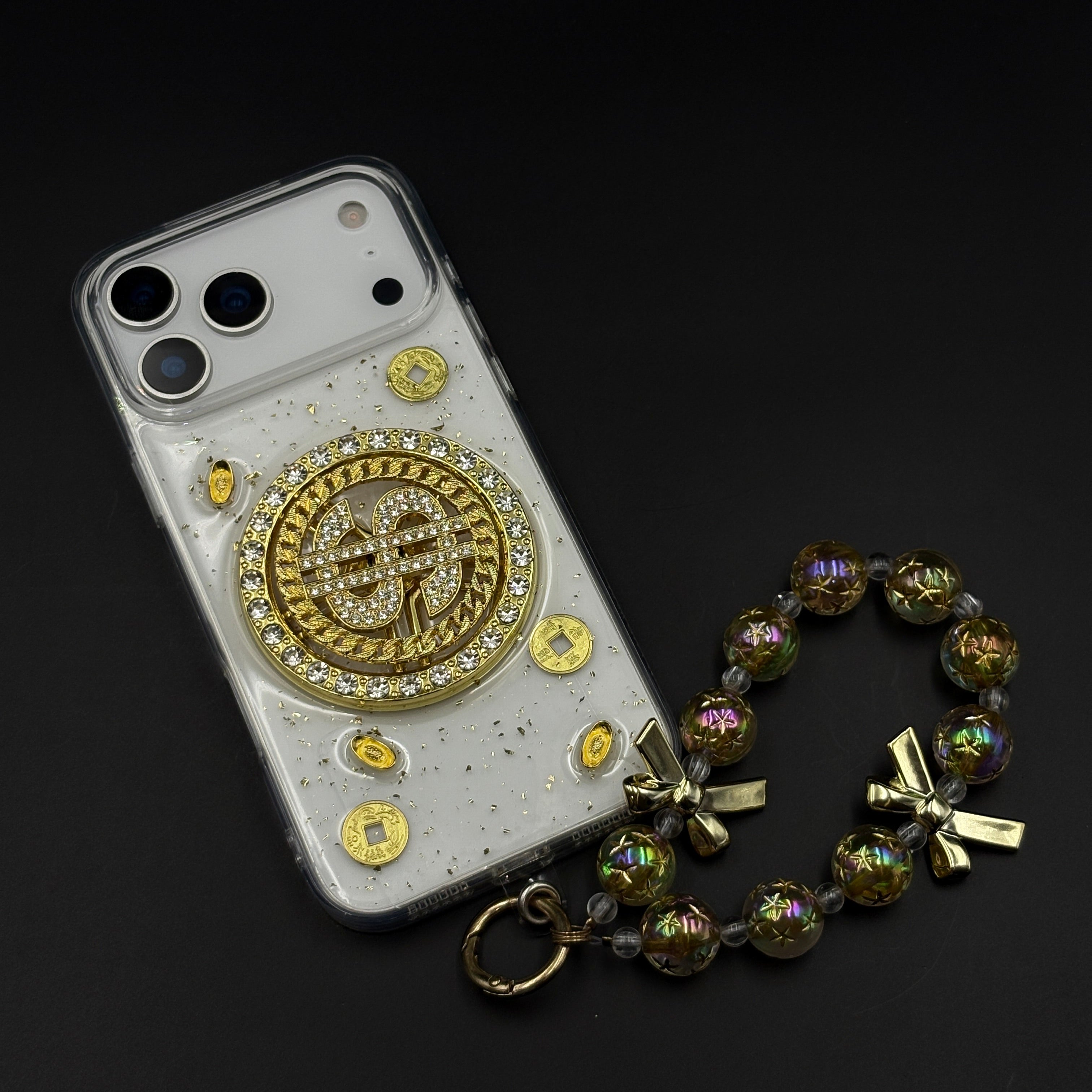 Luxury Rotating Dollar Case for iPhone 17 Series | Gold Bling Coin Design with Beaded Wrist Strap