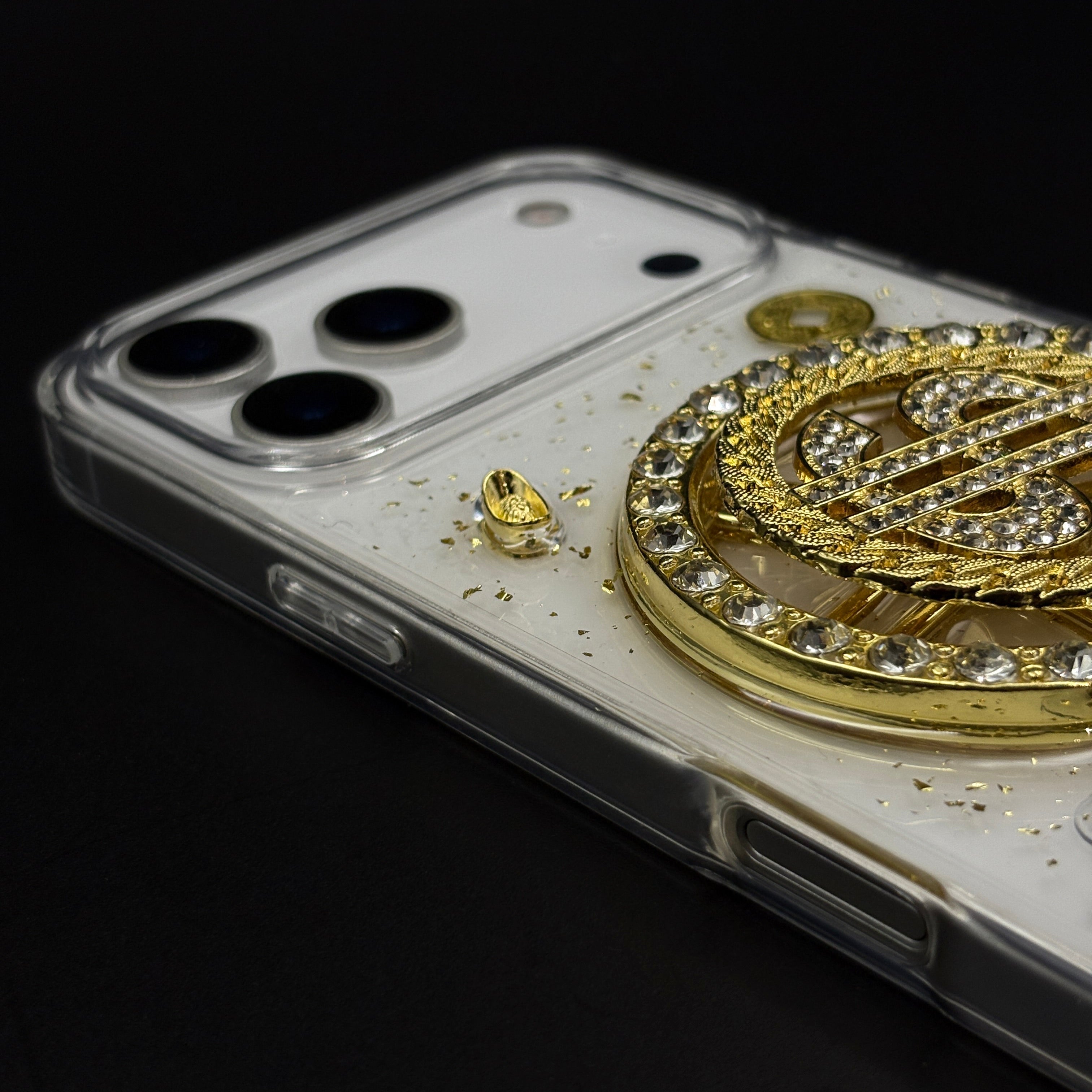 Luxury Rotating Dollar Case for iPhone 17 Series | Gold Bling Coin Design with Beaded Wrist Strap