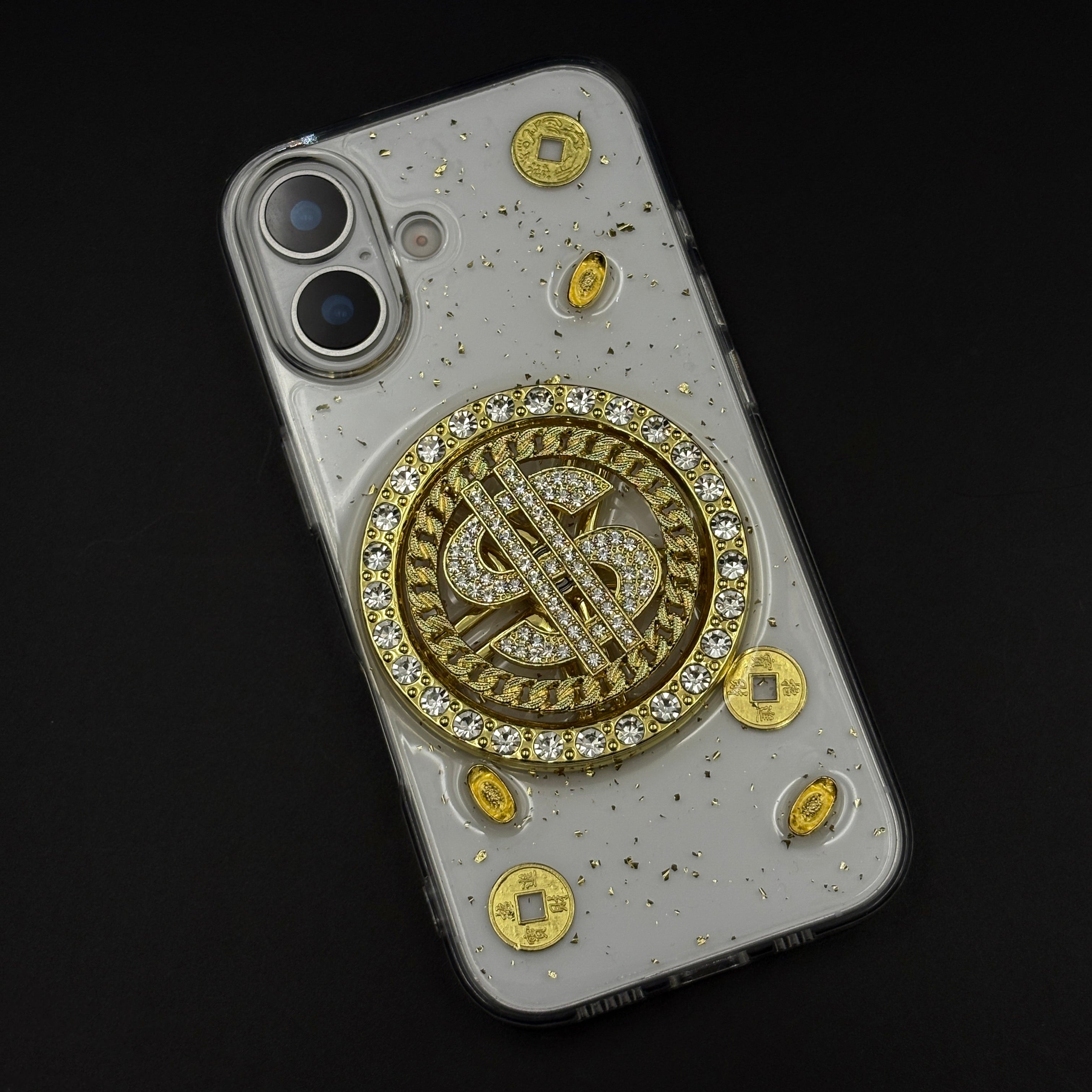 Luxury Rotating Dollar Case for iPhone 17 | Gold Bling Coin Design with Beaded Wrist Strap