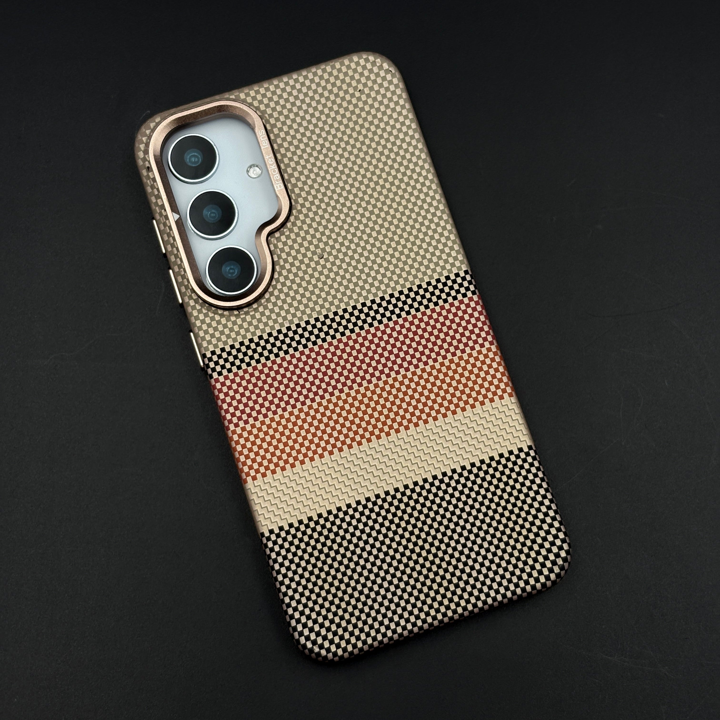 Beige Multi-Stripe Aramid Case with Hidden MagSafe for Samsung Galaxy S24 | Camera Kickstand | Carbon Fibre Feel
