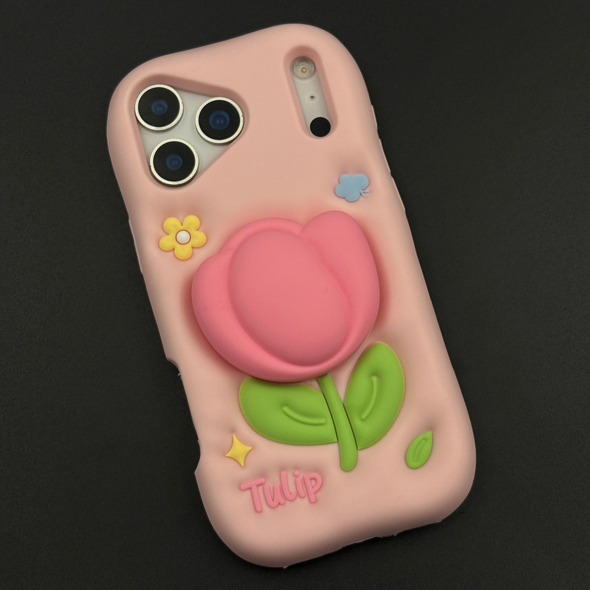 3D Tulip Silicone Grip Stand Case for iPhone 17 Series with Pop-Out Holder