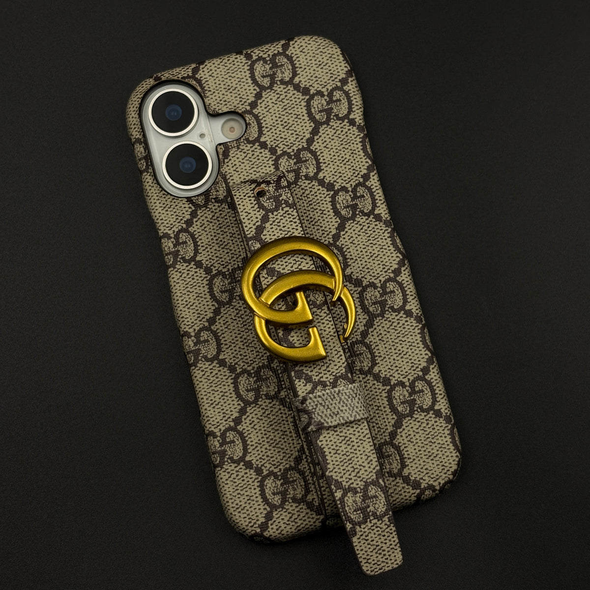 Luxury Brand GG Monogram Belt Strap Case with Gold Metal Emblem for iPhone 17