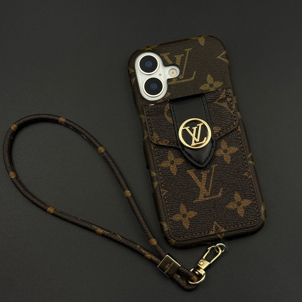 Luxury Fashion Brand Monogram Cardholder Case for iPhone 17 with Detachable Sling Strap