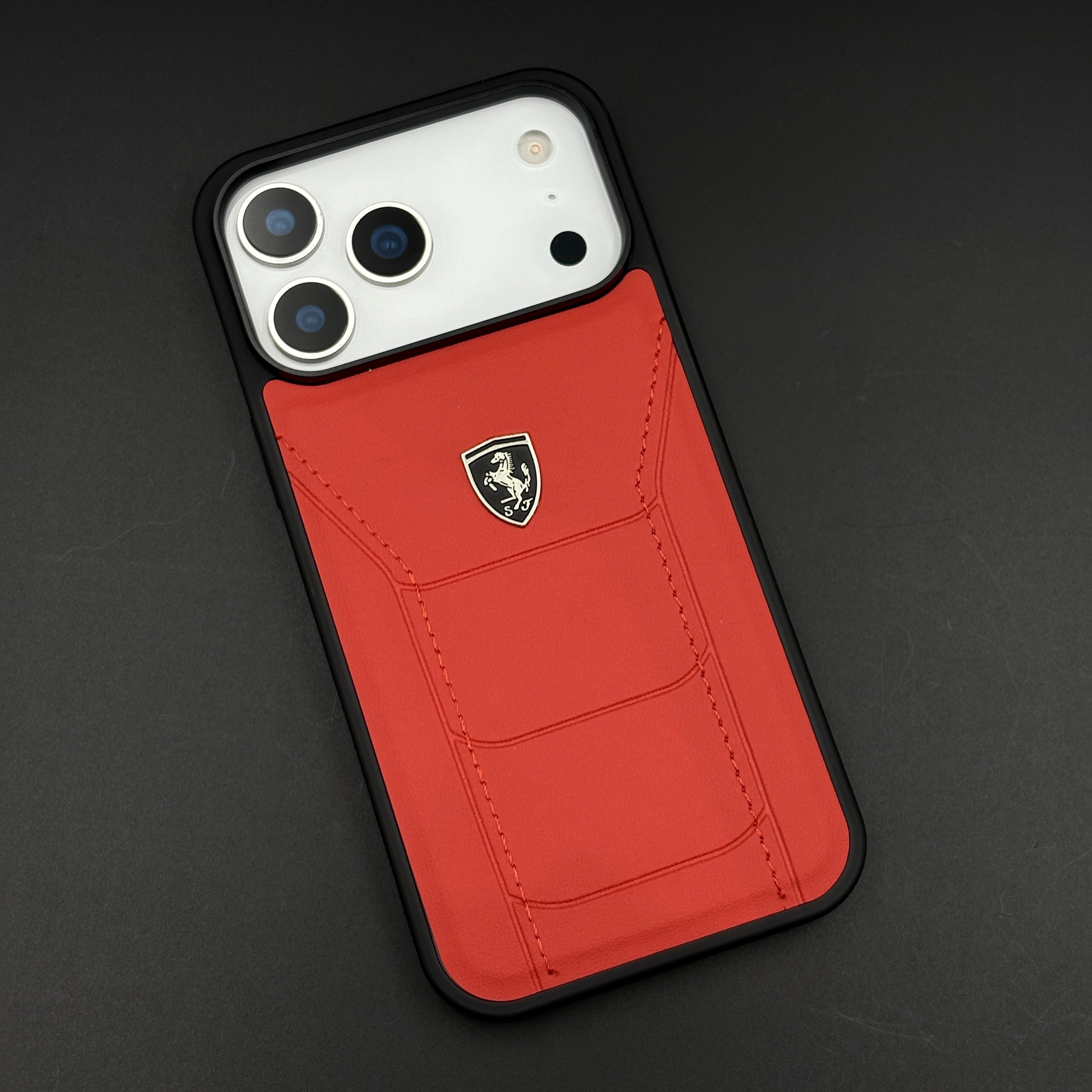 Luxury FR Stitched Leather Phone Case Cover for iPhone 17 Series | Iconic Red Design