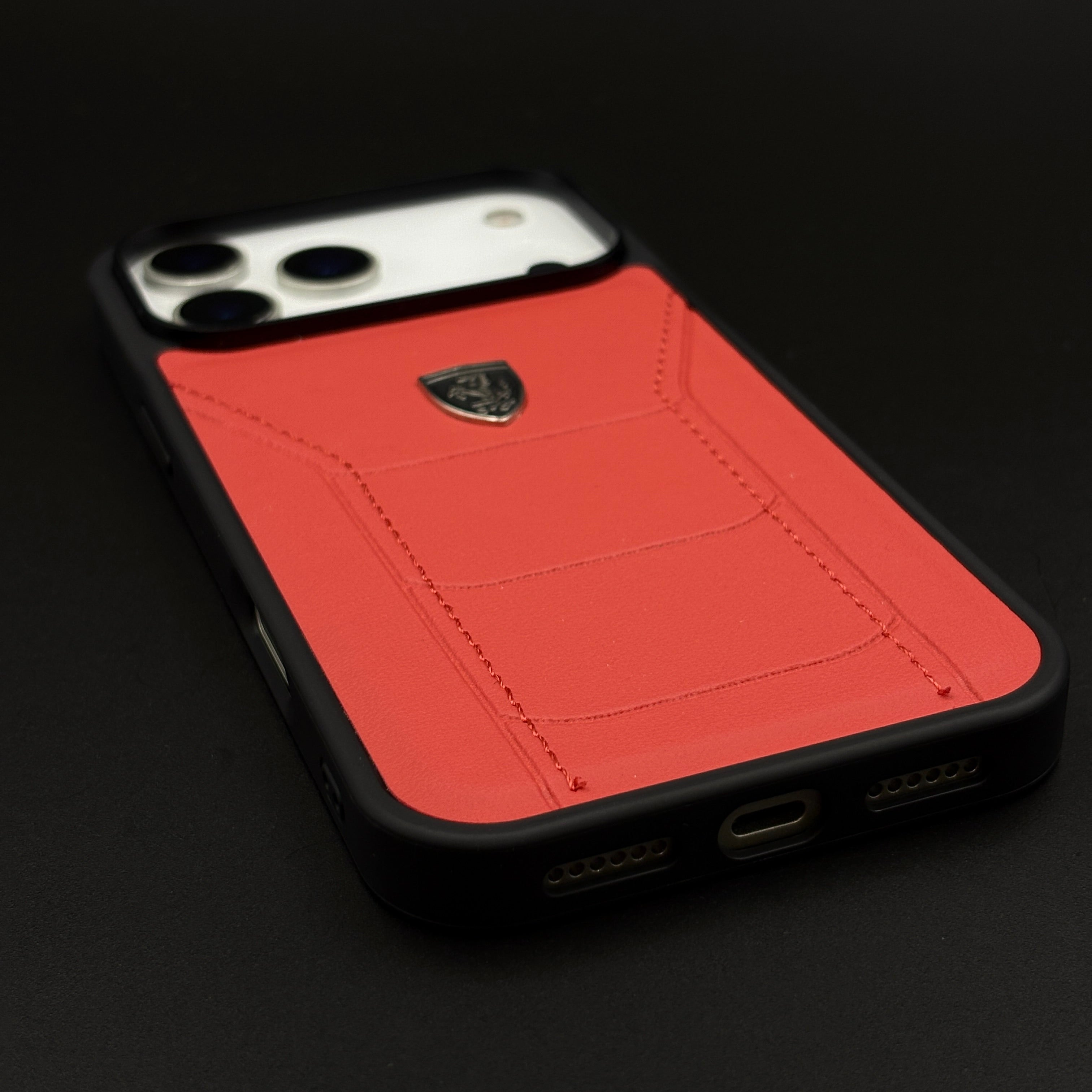 Luxury FR Stitched Leather Phone Case Cover for iPhone 17 Series | Iconic Red Design