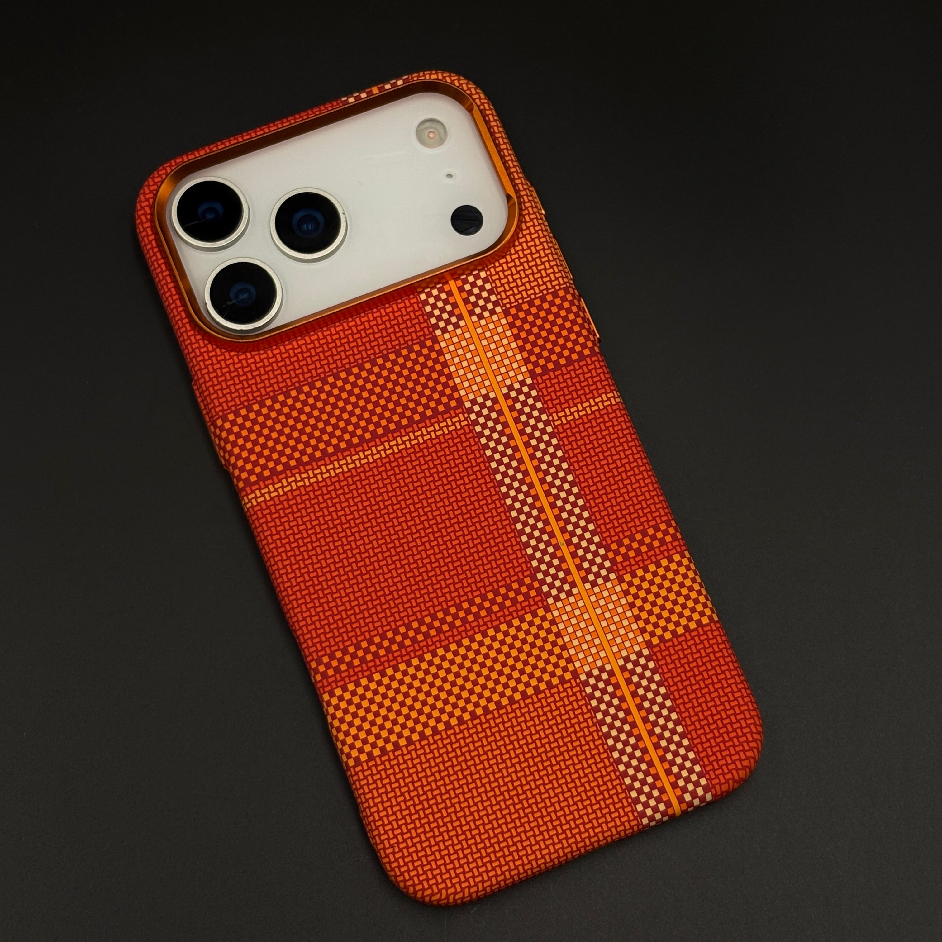 Crimson Tartan Orange Carbon Fibre Hidden MagSafe Mobile Case Cover for iPhone 17 Series