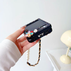 Samsung Galaxy Z Flip 5 Bling Glitter Diamond Flower Case With Pearl Chain Stap