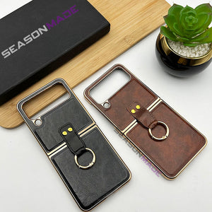 Samsung Galaxy Z Flip 3 Chrome Plated Pu Leather Metal Ring Holder Case Cover