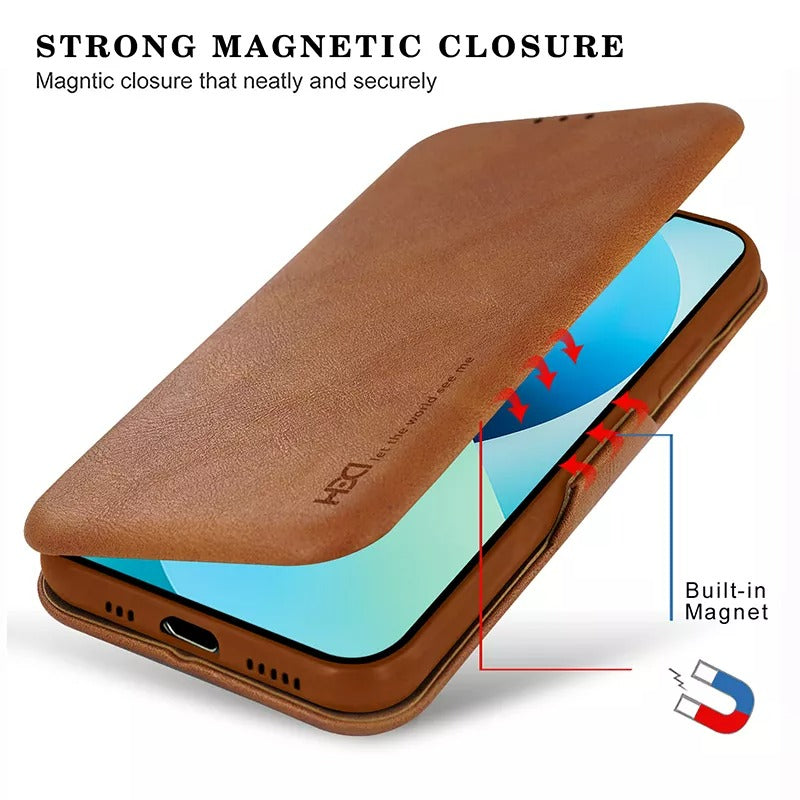 Shell Style Leather iPhone 13 Mini Flip Cover With Card Holder Brown Clearance Sale