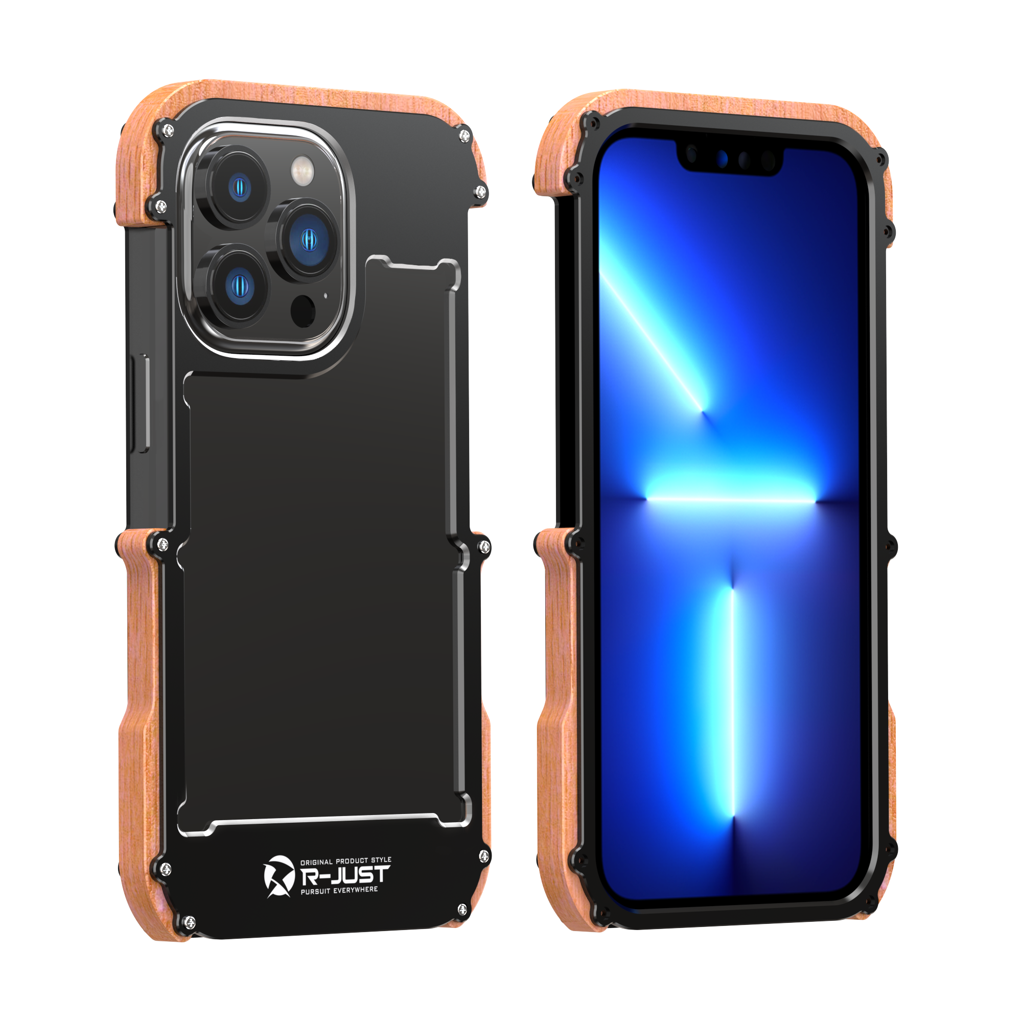 R-Just Aluminum & Natural Wood Bumper iPhone 13 Pro Max Case Cover