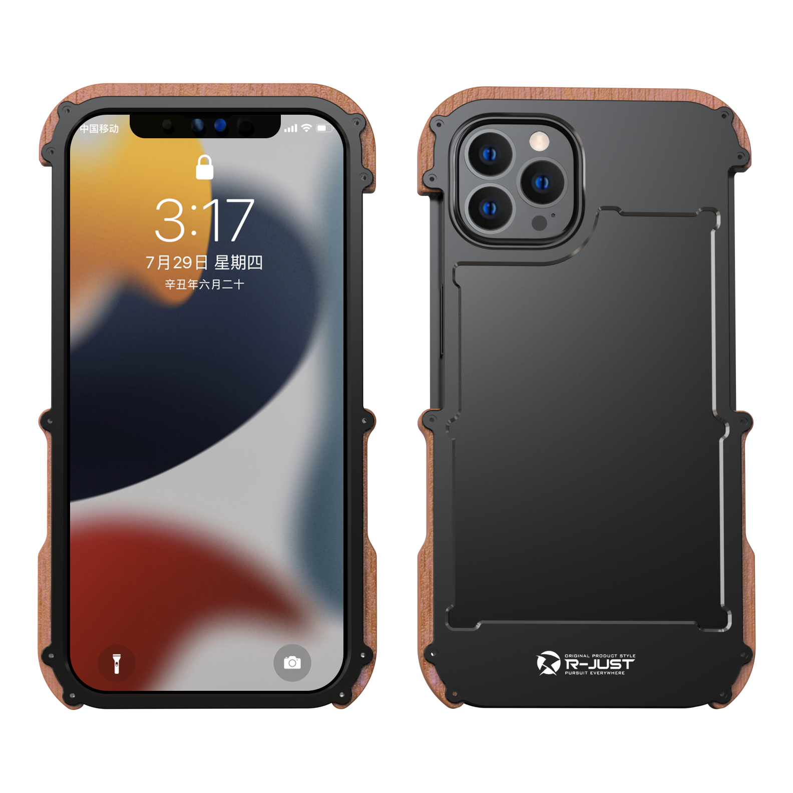 R-Just Aluminum & Natural Wood Bumper iPhone 13 Pro Max Case Cover