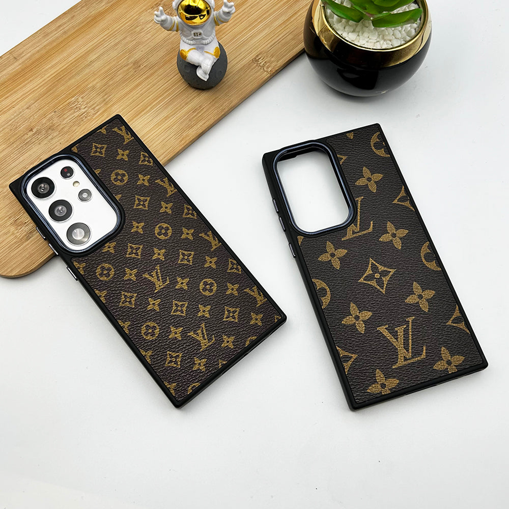 Samsung Galaxy S23 Ultra Luxury Brand Black Border Case Cover Brown