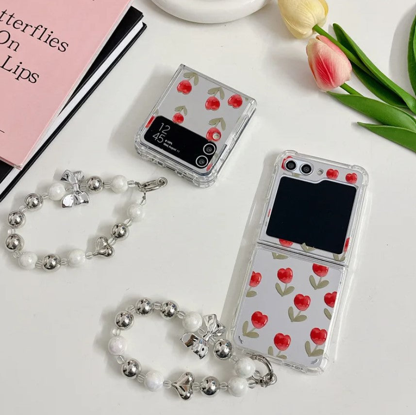 Red Floral Tulip Mirror Case With Pearl Holder for Samsung Galaxy Z Flip 5