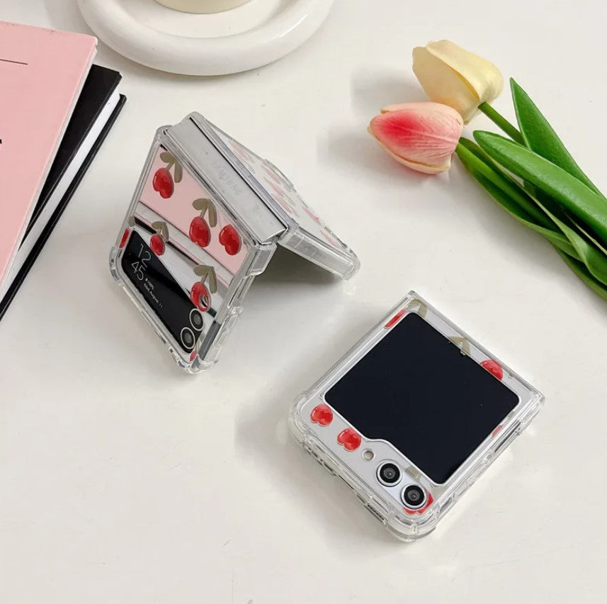 Red Floral Tulip Mirror Case With Pearl Holder for Samsung Galaxy Z Flip 5