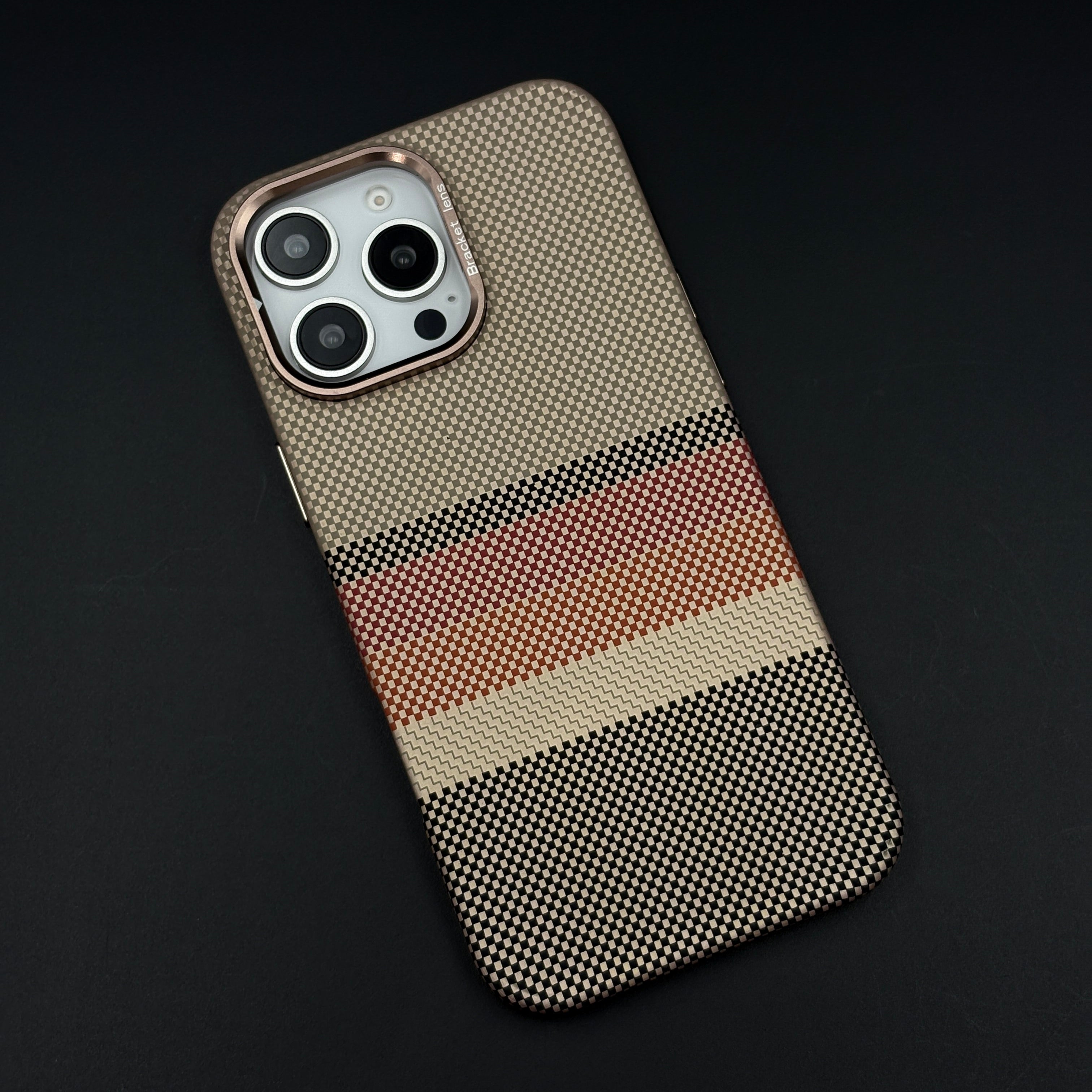 iPhone Aramid Multi-Stripe Case with Camera Kickstand | Carbon Fibre Feel | Hidden MagSafe | Beige Stripe Design