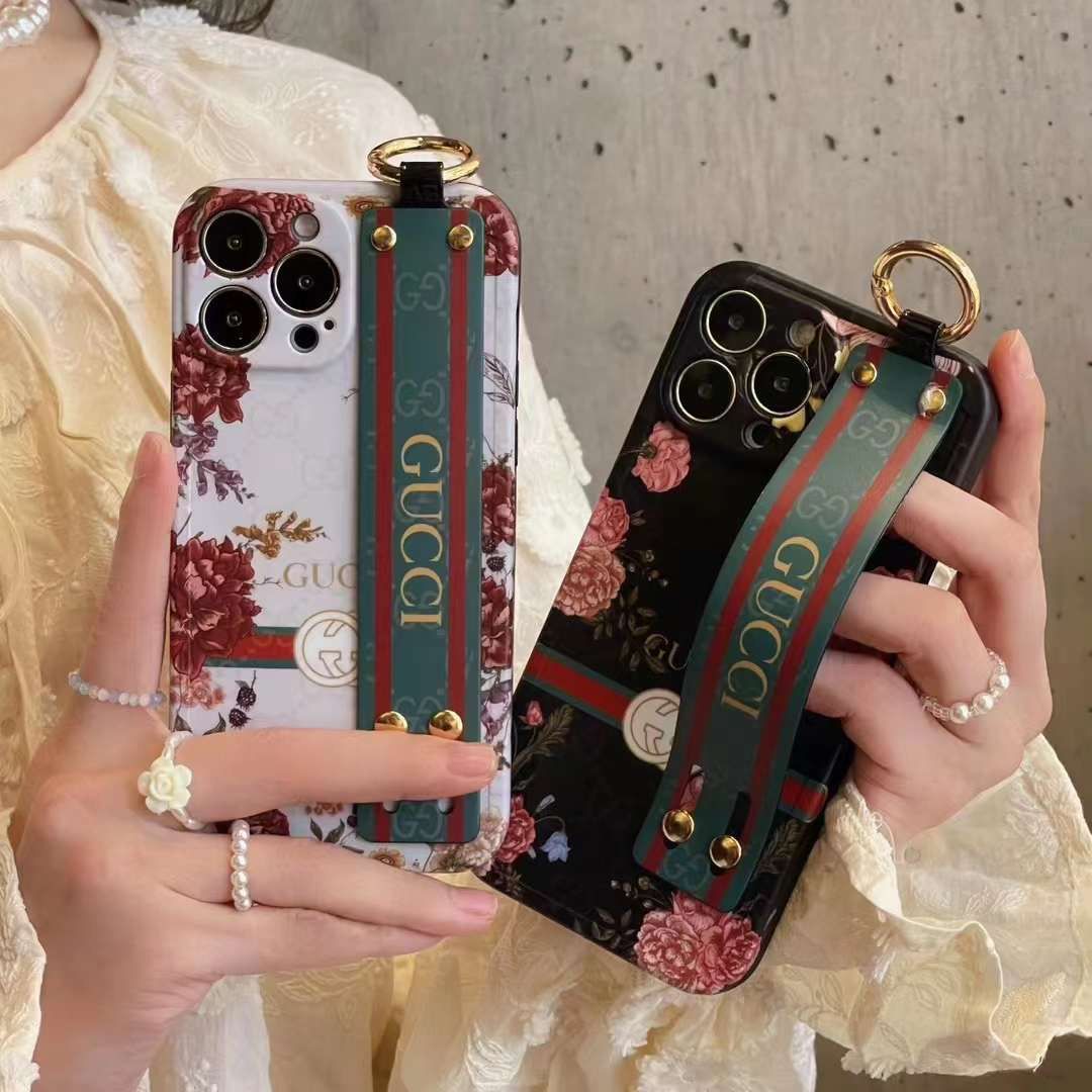 iPhone Luxury Brand GG Floral Black White Belt Strap Holder Case Cover