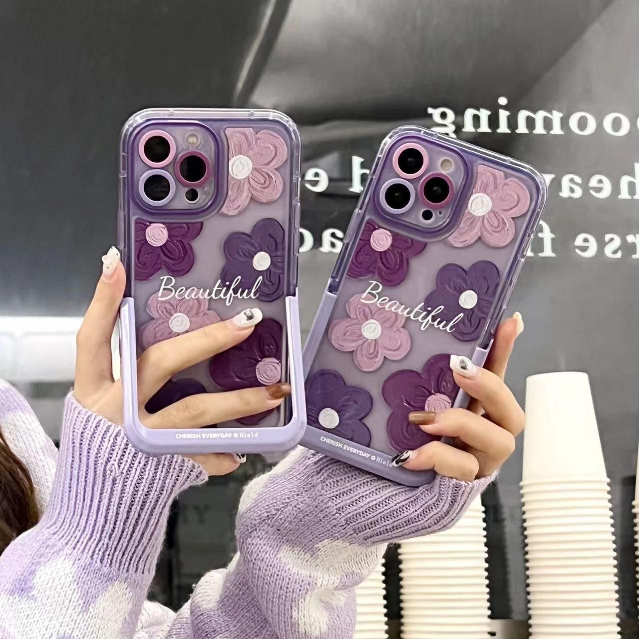 iPhone 15 Pro Series Beautiful Purple Glossy Floral With Kickstand Case Cover Clearance
