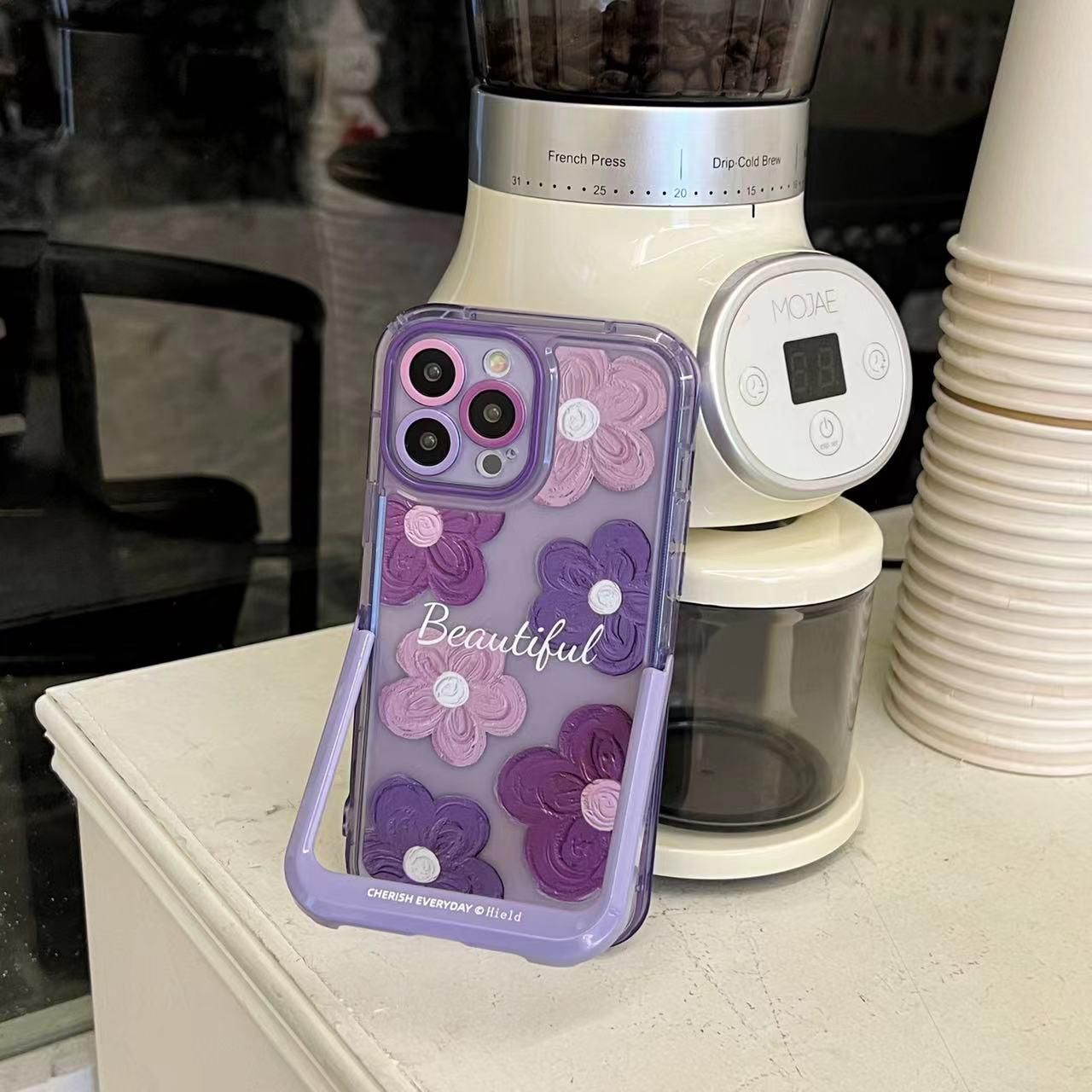 iPhone 15 Pro Series Beautiful Purple Glossy Floral With Kickstand Case Cover Clearance