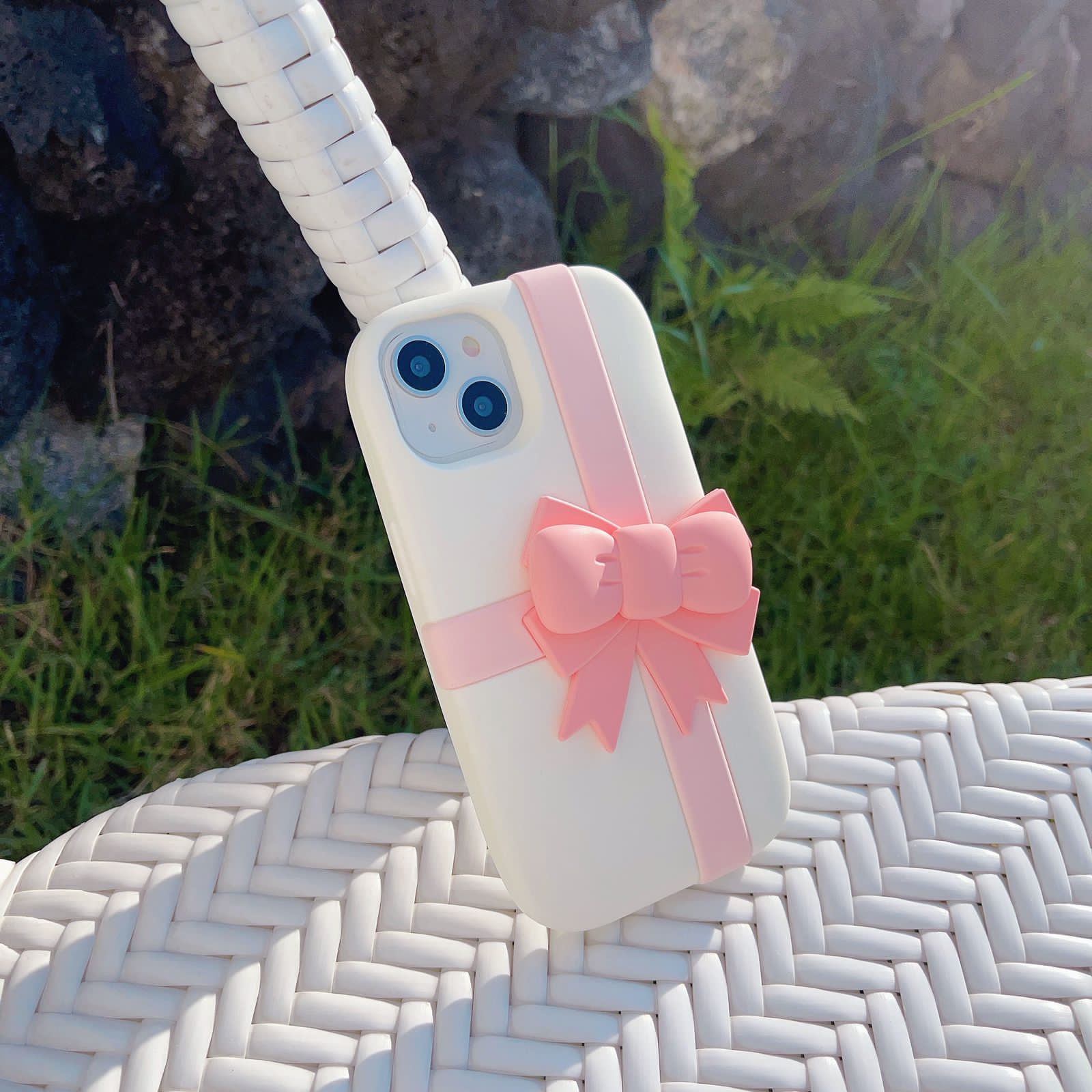 iPhone 15 Pro Pink Bow Silicone Case Cover Beige Clearance