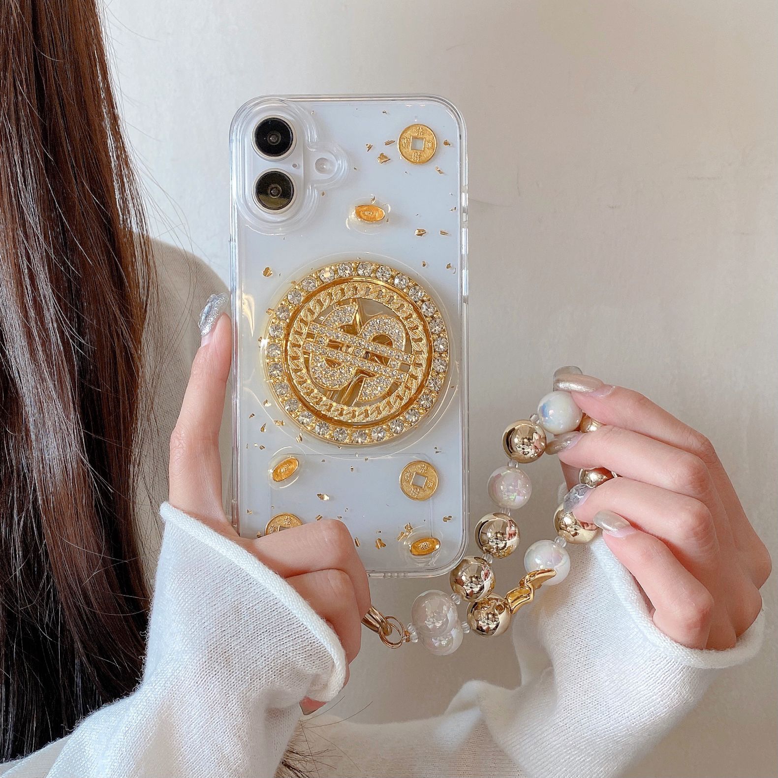 Luxury Rotating Dollar Case for iPhone Series | Gold Bling Coin Design with Beaded Wrist Strap