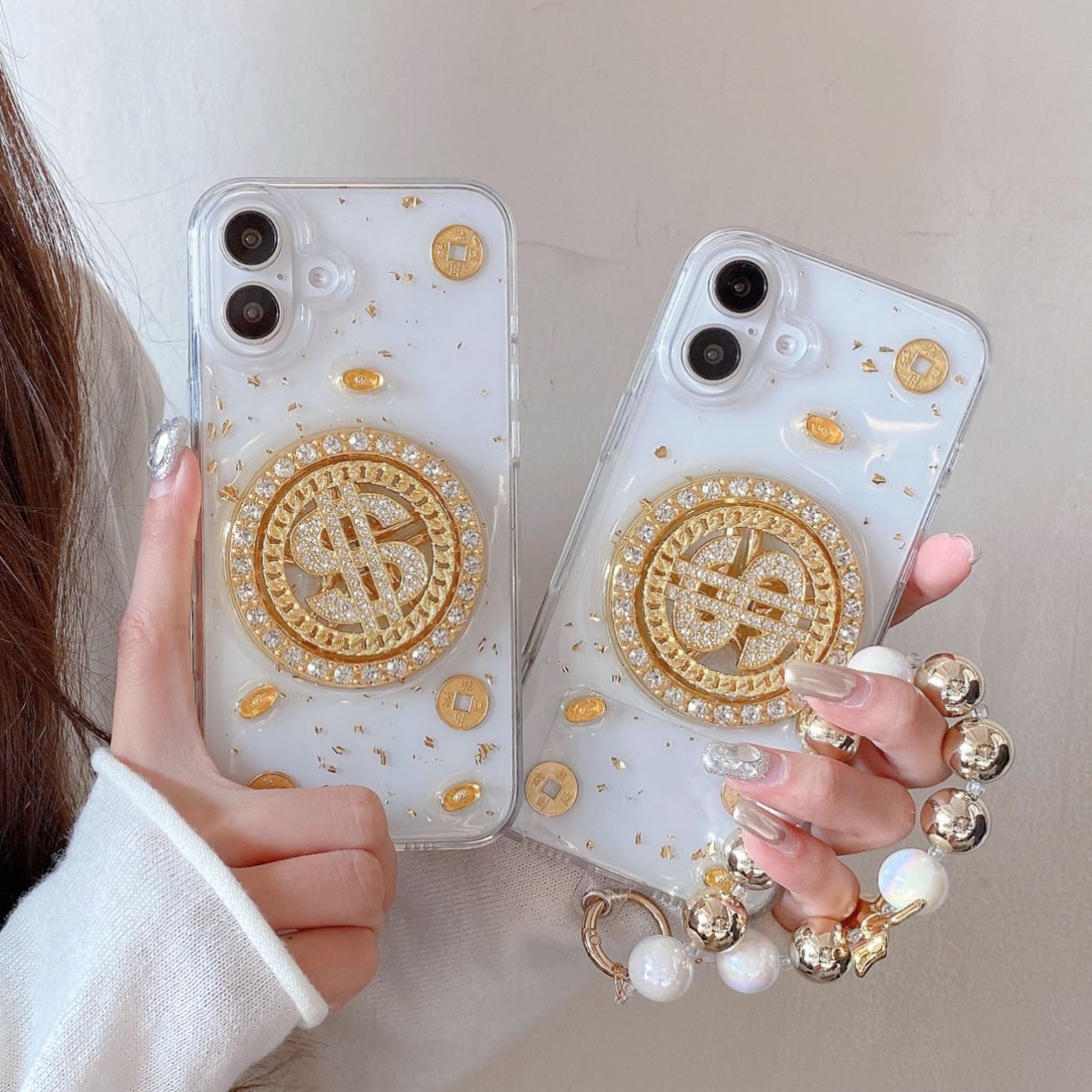 Luxury Rotating Dollar Case for iPhone Series | Gold Bling Coin Design with Beaded Wrist Strap
