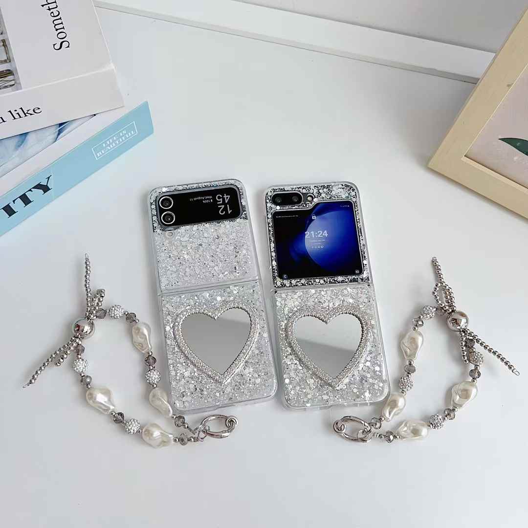 Heart Shape Mirror Glitter Phone Case with Beaded Strap for Samsung Galaxy Z Flip 6