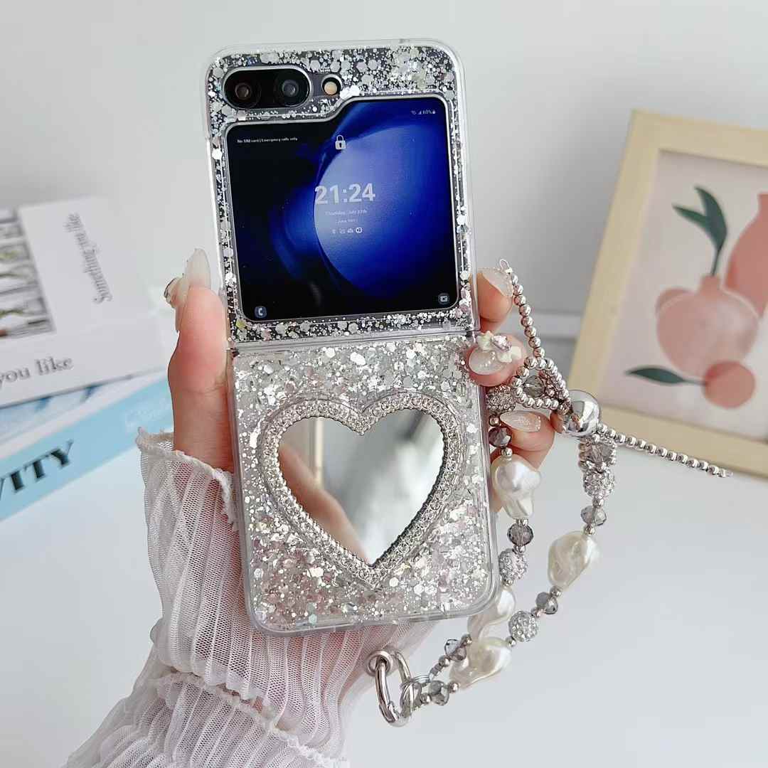 Heart Shape Mirror Glitter Phone Case with Beaded Strap for Samsung Galaxy Z Flip 6