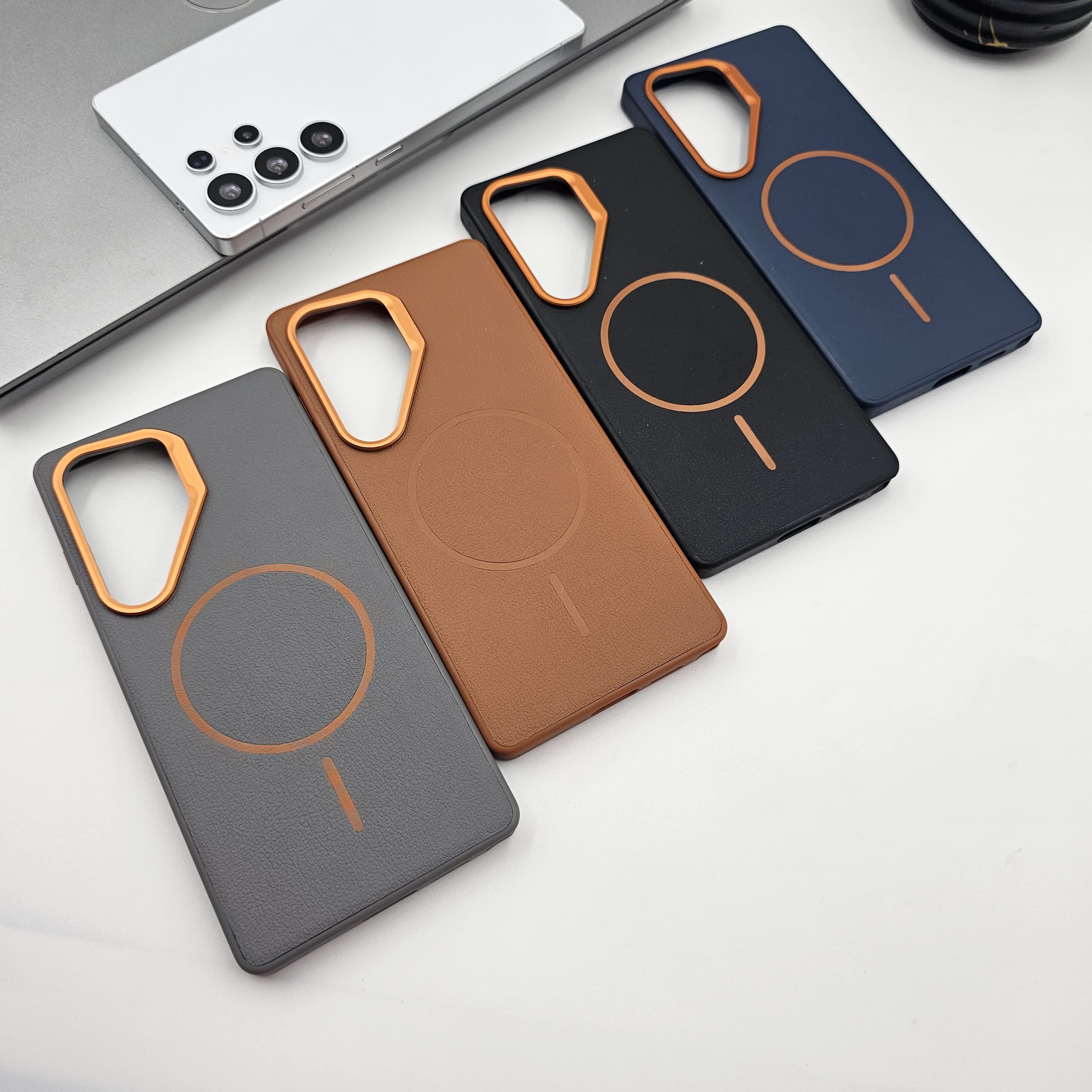 Samsung Galaxy S24 Neon Orange Metal Bump Leather Magnetic Magsafe Case