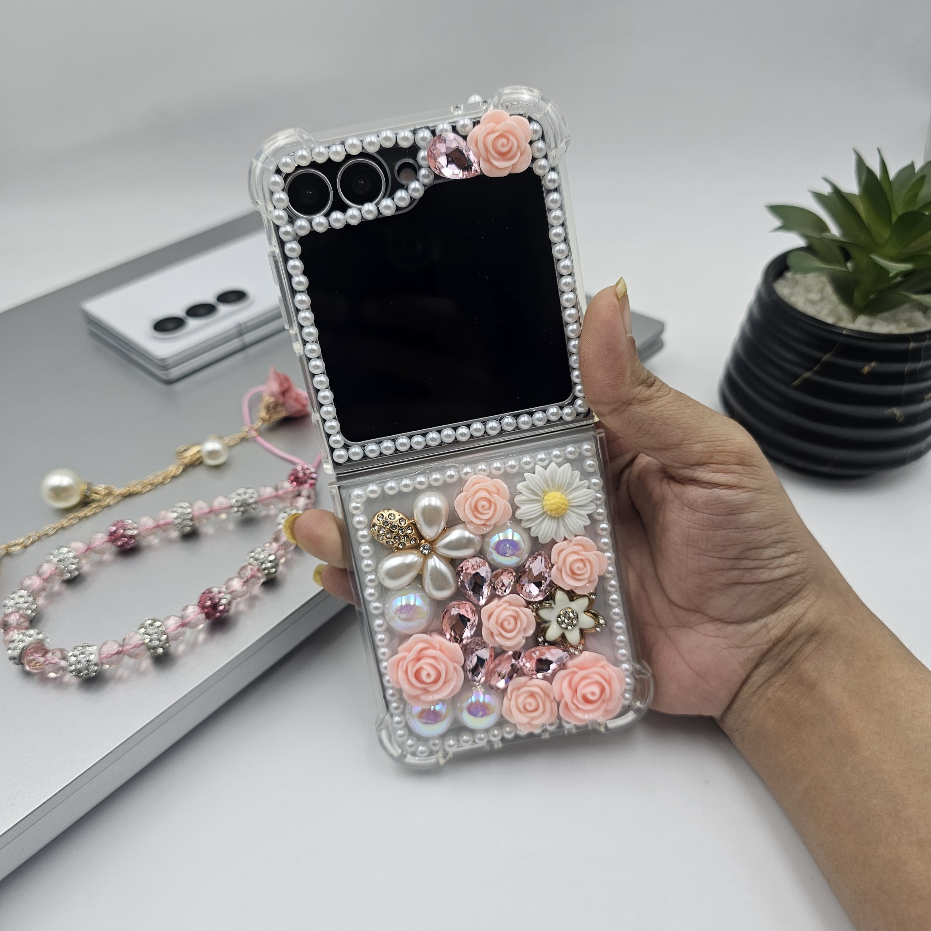 Luxury Pearl Rhinestone Bling Case for Samsung Galaxy Z Flip 6 | Floral 3D Designer Cove