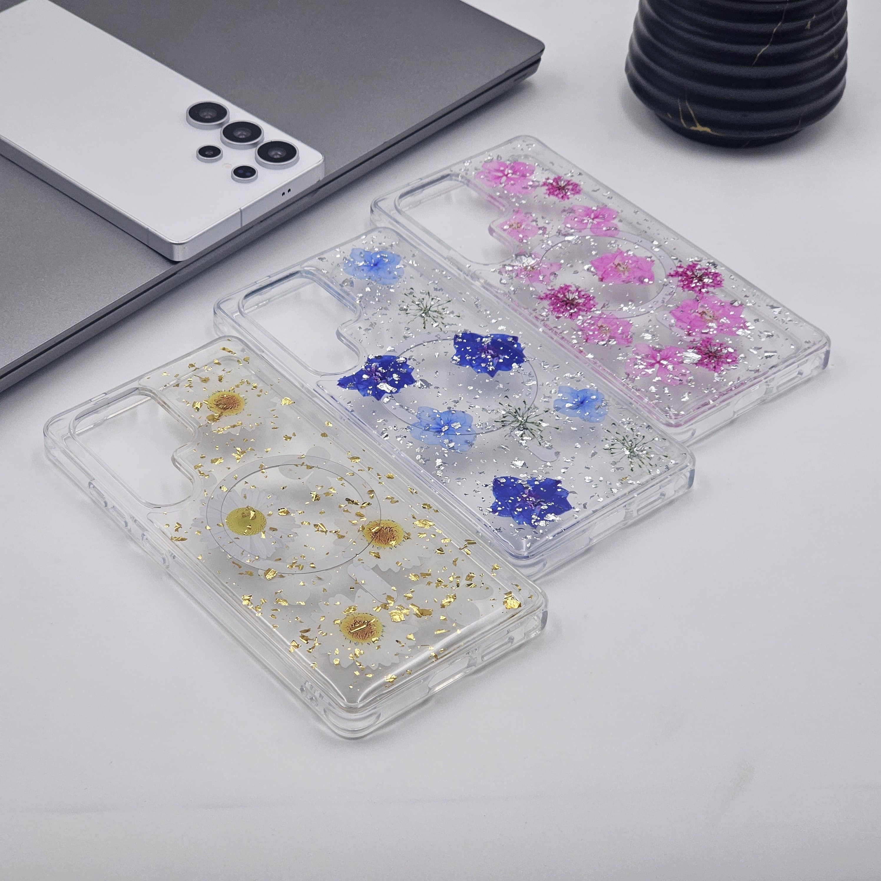 Samsung Galaxy S23 Ultra Floral Non Yellow Glitter Magsafe Silicone Case