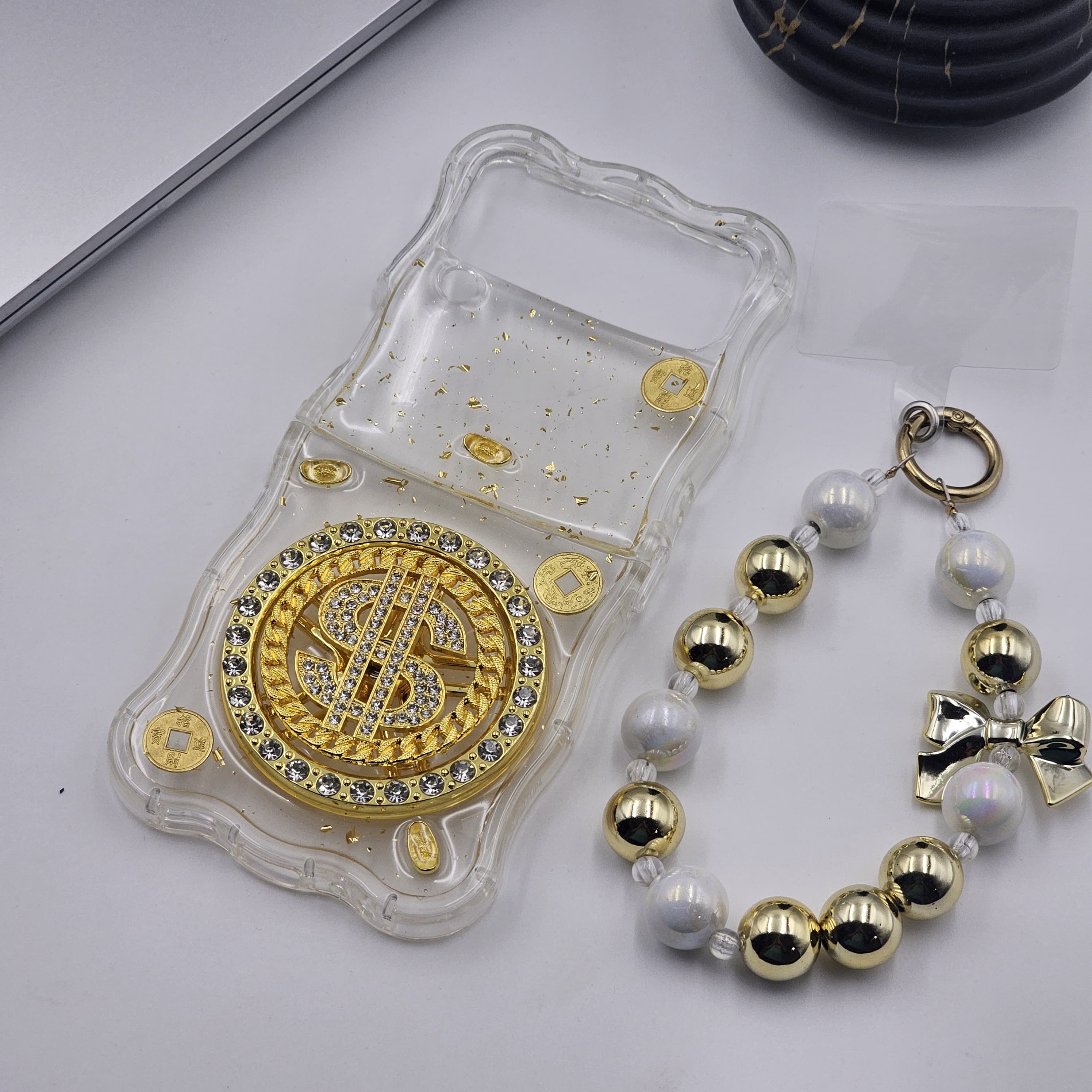 Samsung Galaxy Z Flip 4 Premium Dollar Rotating Bracelet Wristband Pearl Case