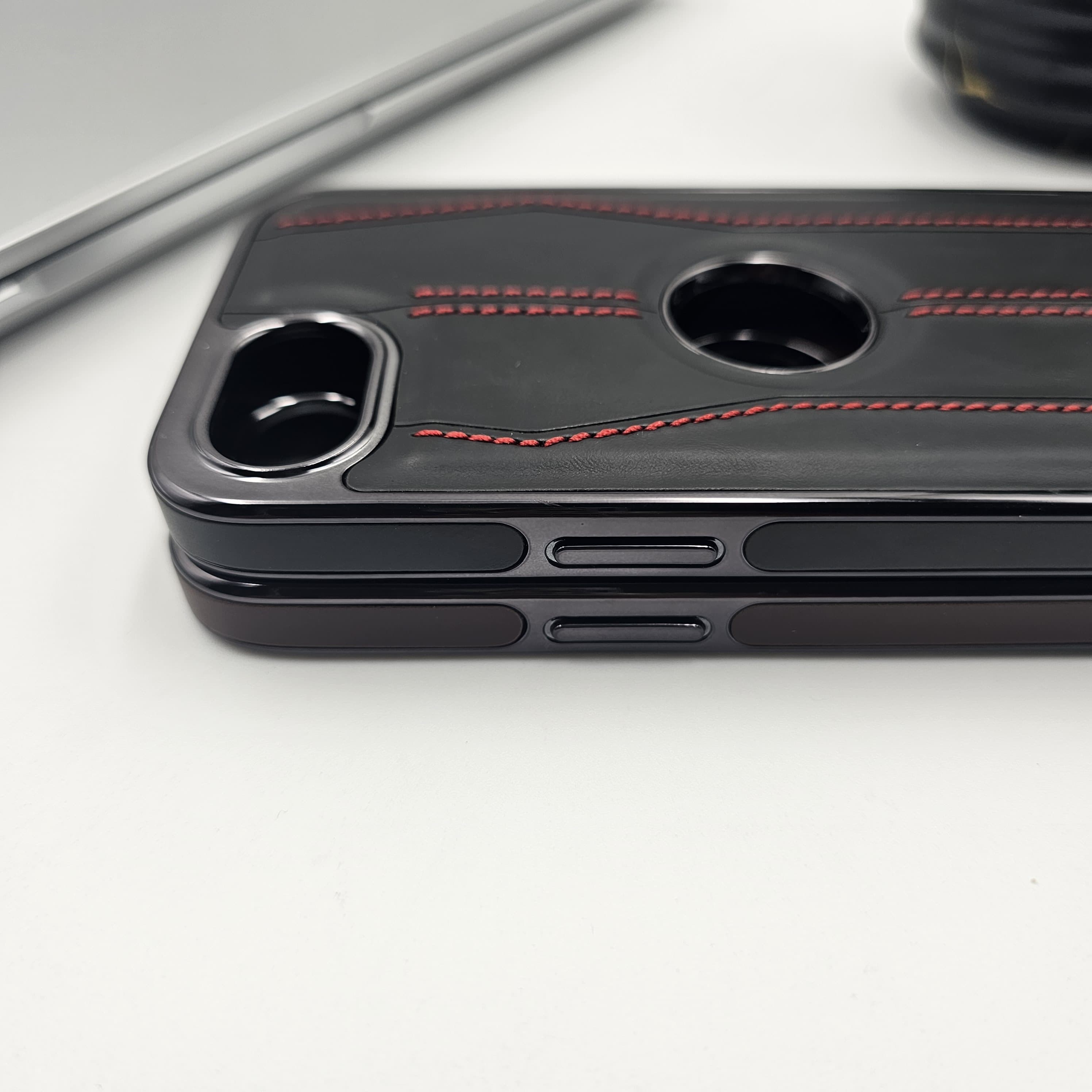 iPhone 16E 3 Stripe Stitched Leather Logo Cut Chrome Case Inside Velvet