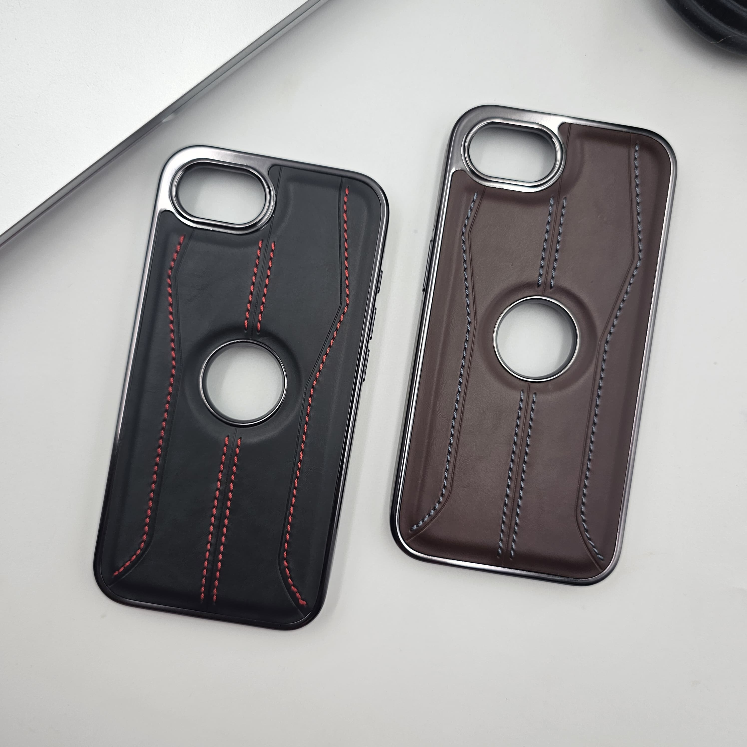 iPhone 16E 3 Stripe Stitched Leather Logo Cut Chrome Case Inside Velvet