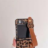 Samsung Galaxy Z Flip 5 Luxury Leopard Print Case Cover With Wrist Strap (Brown)