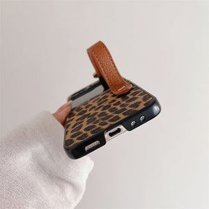 Samsung Galaxy Z Flip 5 Luxury Leopard Print Case Cover With Wrist Strap (Brown)