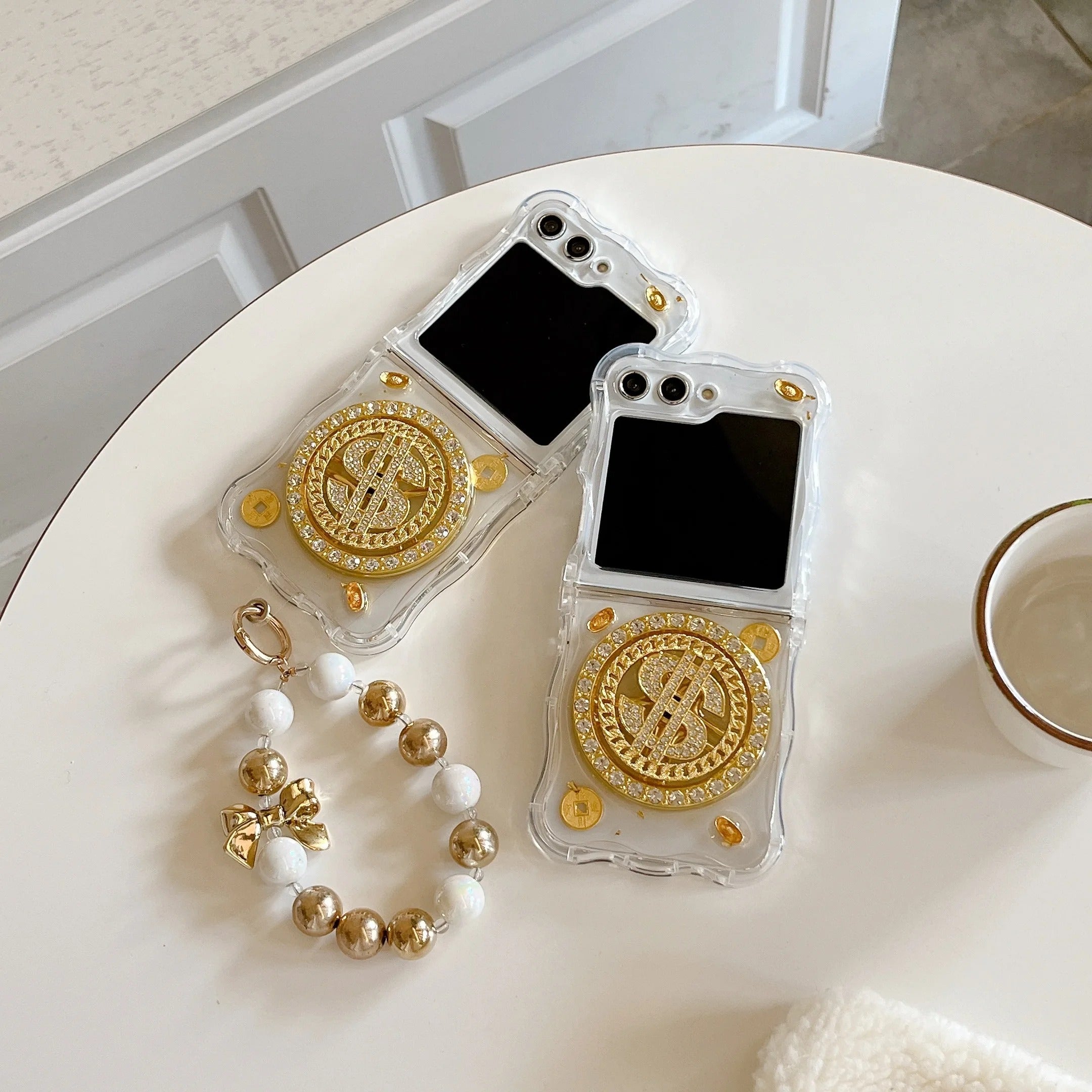 Luxury Rotating Dollar Case for Samsung Galaxy Z Flip 6 | Gold Bling Coin Design with Beaded Wrist Strap