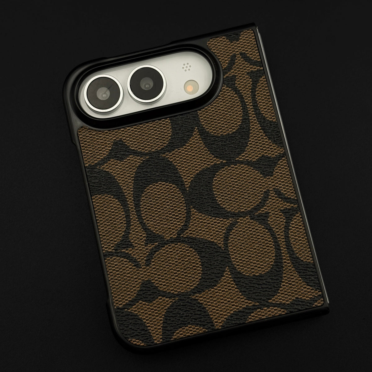 SeasonMade iPhone Duo case featuring a brown and black monogram CC pattern in premium PU leather with a slim fit.