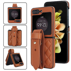 Samsung Galaxy Z Flip 5 Luxury Pu Puffer Leather Stitch Wristband Stand Case Cover