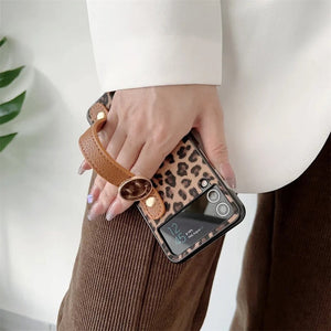 Samsung Galaxy Z Flip 4 Luxury Leopard Print Case Cover With Wrist Strap (Brown)