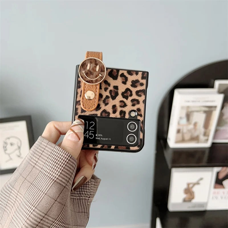 Samsung Galaxy Z Flip 4 Luxury Leopard Print Case Cover With Wrist Strap