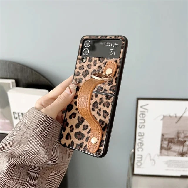 Samsung Galaxy Z Flip 4 Luxury Leopard Print Case Cover With Wrist Strap