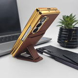 Samsung Galaxy Z Fold 6 Leather Card Holder Chrome Case With Stand