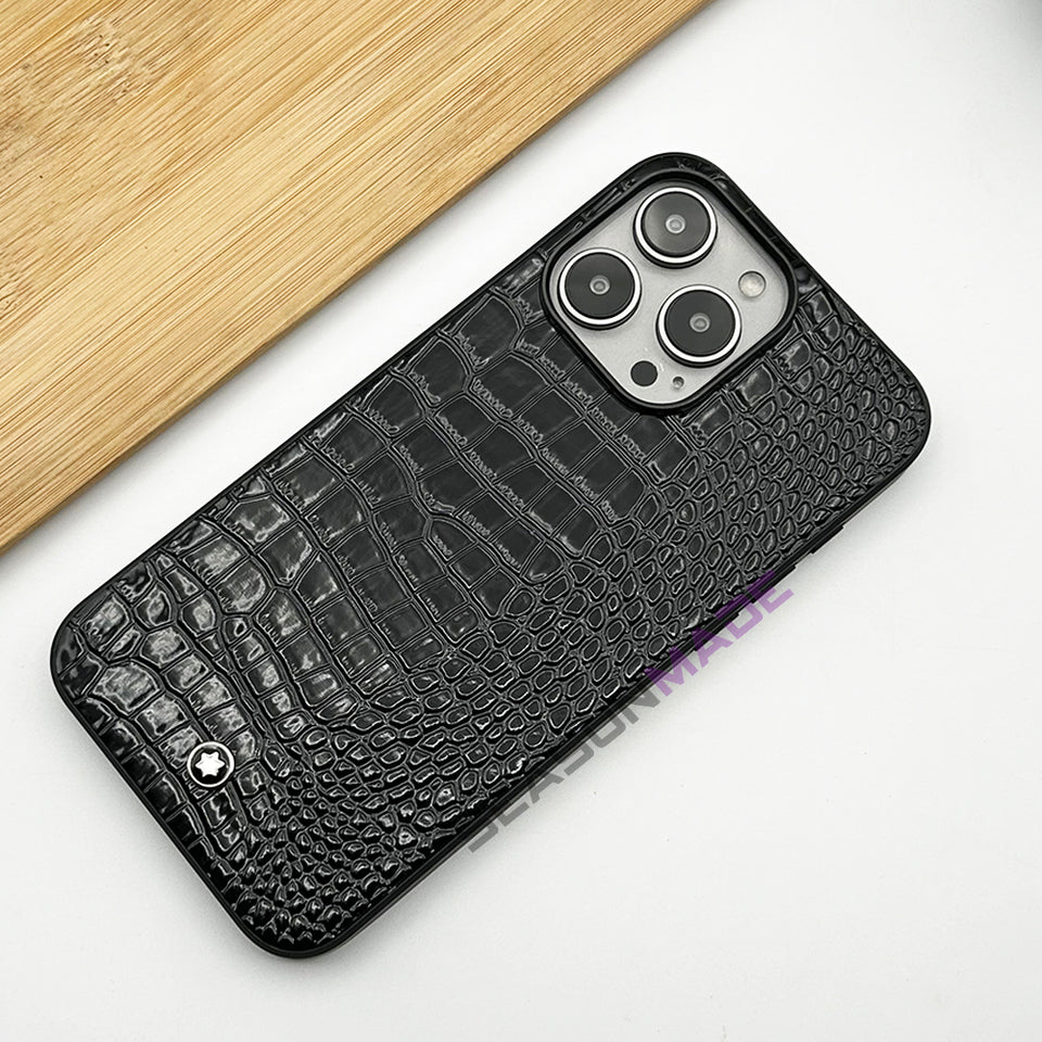 iPhone 15 Series Croc Pattern MB Logo PU Leather Case Cover